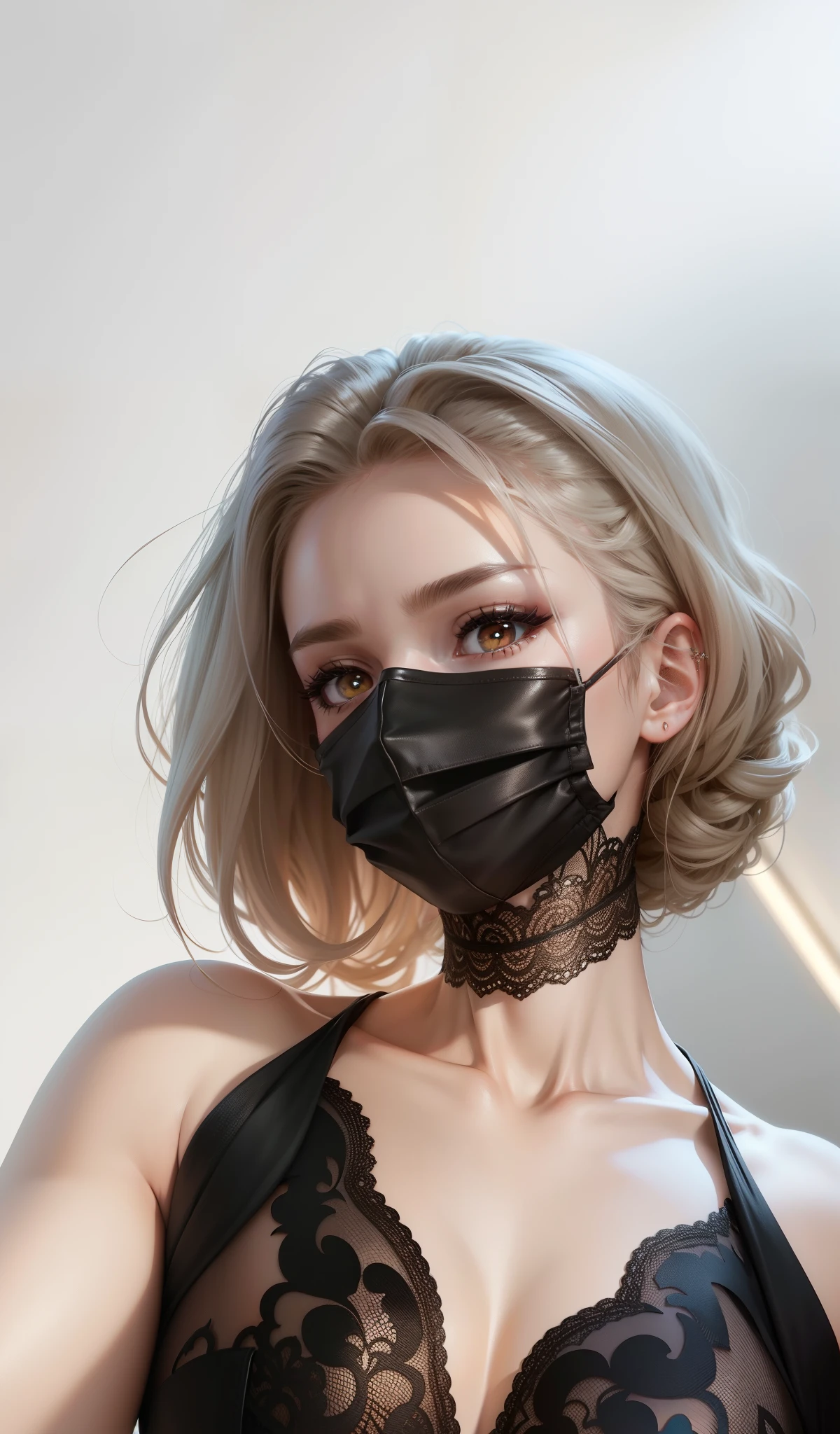 Lots of detail,Super perfect,Professional lighting,white backgrounid,The skin texture is visible,Bright eyes,Super real,Lace mask,Lace clothes,Bigchest,White skin and beautiful appearance,Perfect hair details,8K high-definition,Photo-real,Hair is longer,hyper HD,Bright brown pupils,Background shadow details,no headwear,Sexy collarbone,Super flawless,Soft
