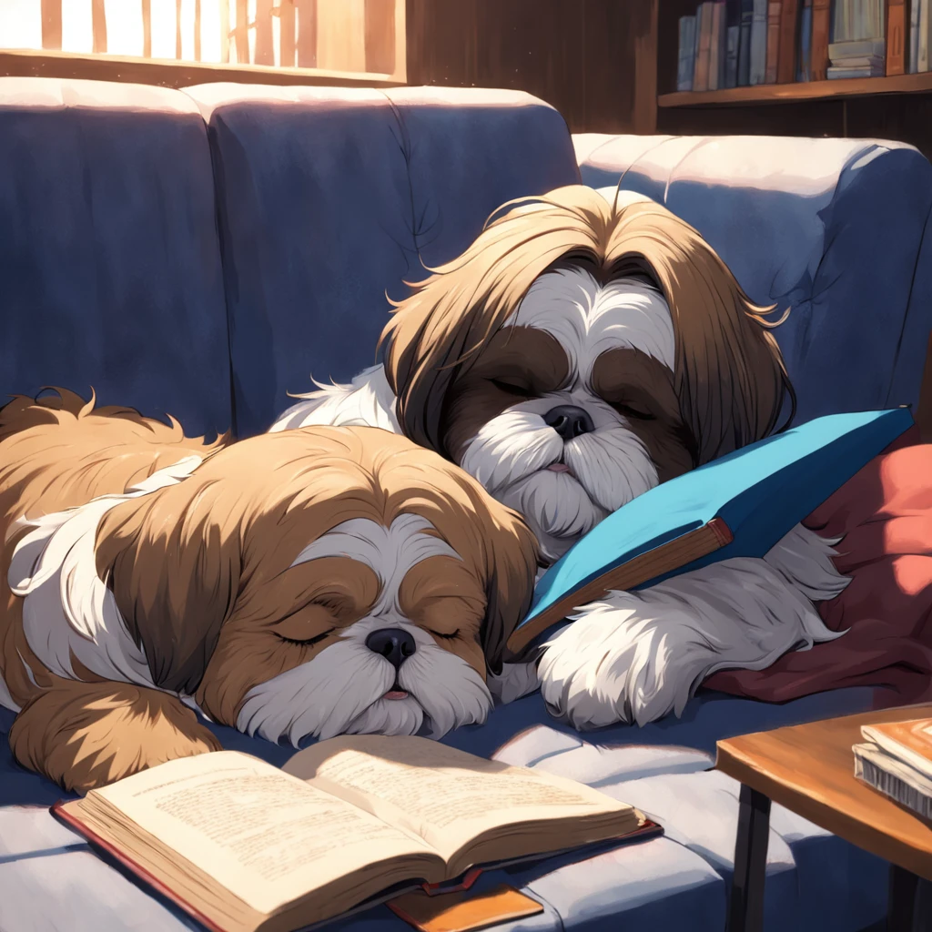 The shih tzu sleeping and the tutor man reading book on the couch