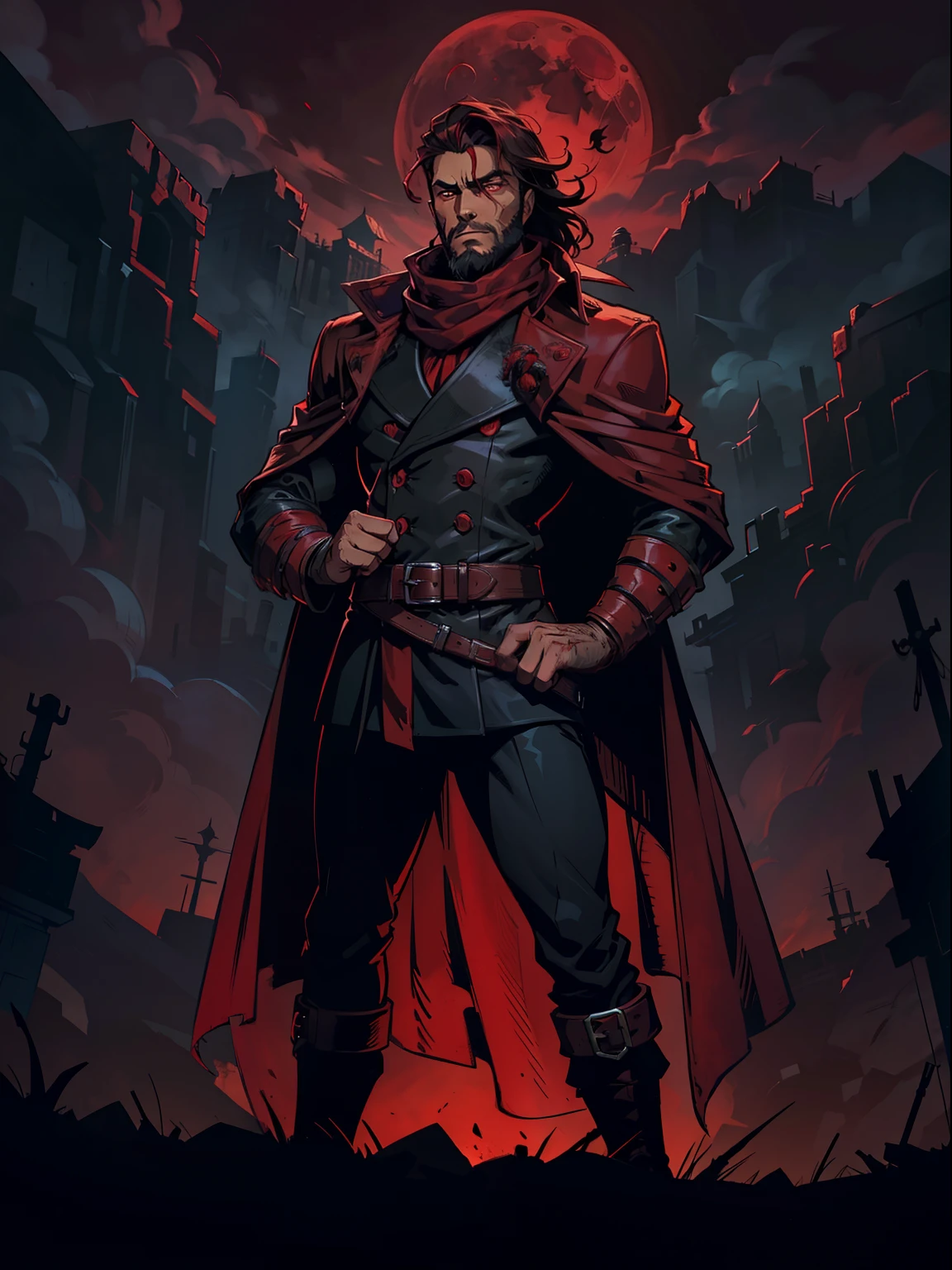 Dark night blood moon background, Darkest dungeon style, Sadurang from Marvel, hunk, wild mane, defined face, detailed eyes, short beard, glowing red eyes, dark hair, wearing classy trench coat and red scarf