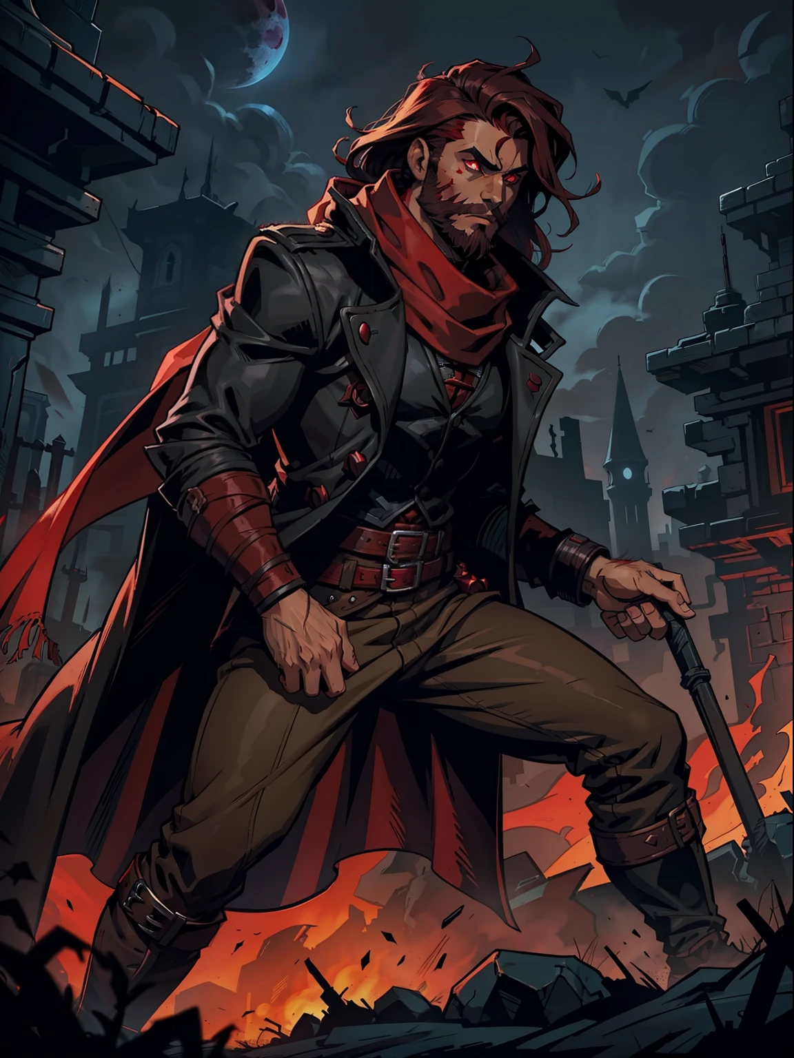 Dark night blood moon background, Darkest dungeon style, Sadurang from Marvel, hunk, wild mane, defined face, detailed eyes, short beard, glowing red eyes, dark hair, wearing classy trench coat and red scarf