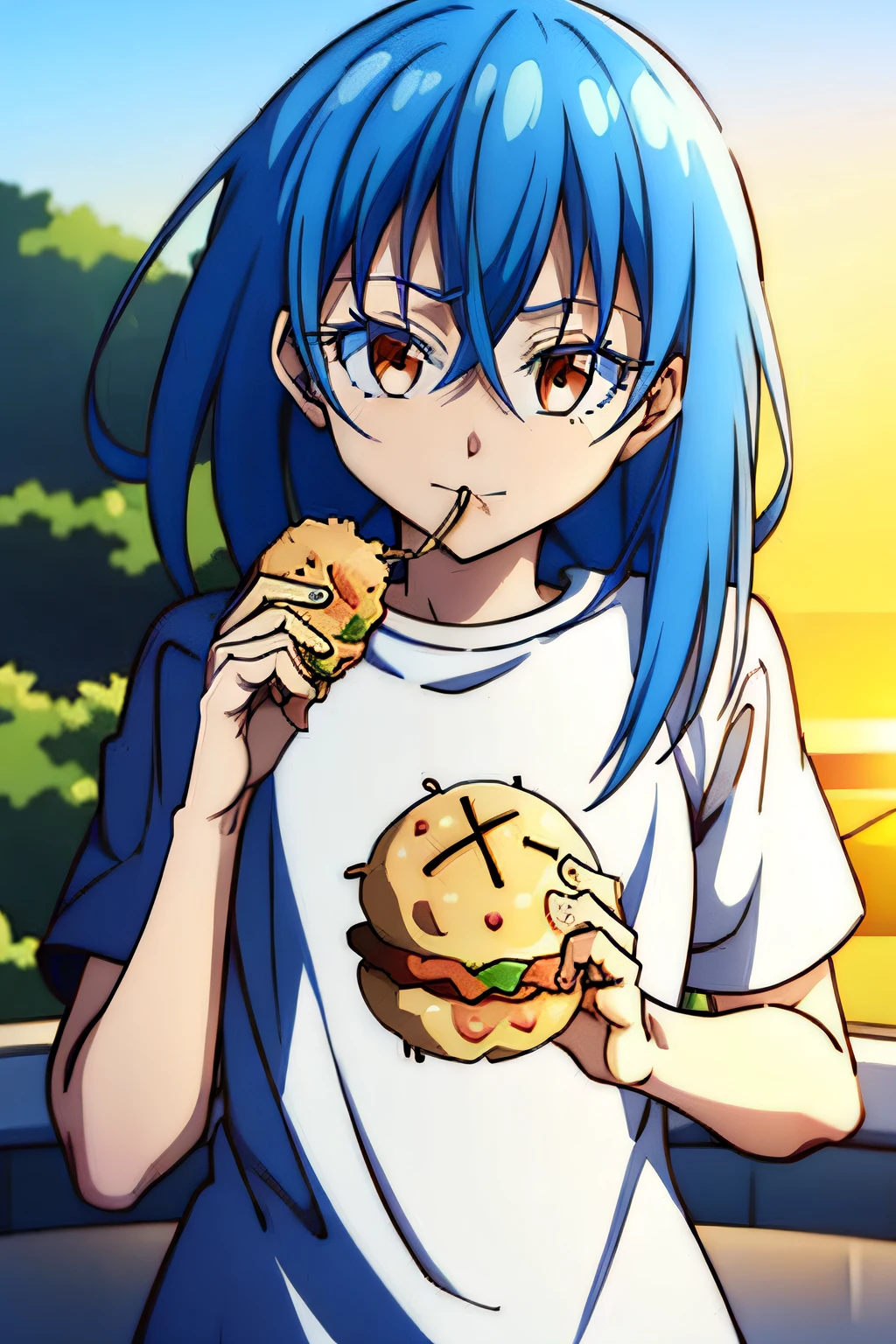 Rimuru eating KFC burger in KFC graphic t-shirt, holding KFC burger in one hand and KFC fries in the other