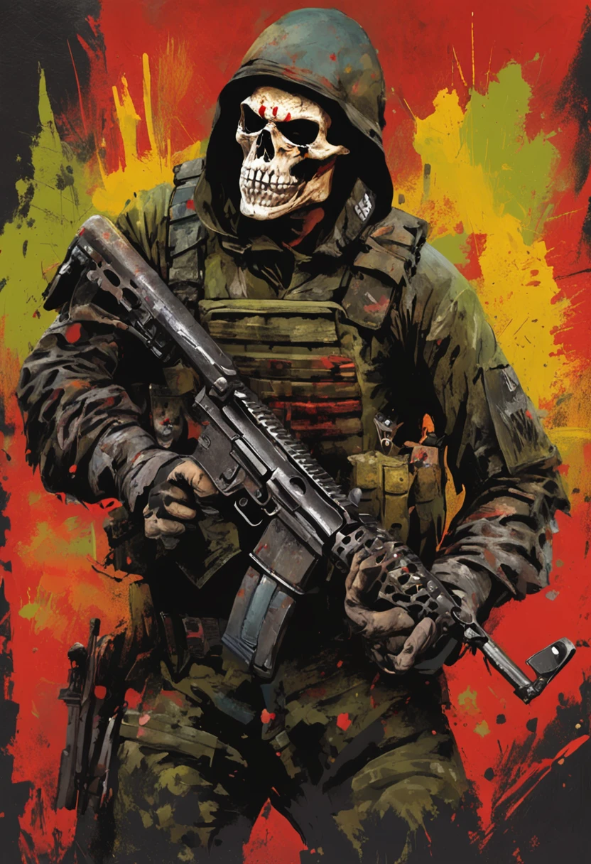 On the battlefield of gun smoke，Um Policial com o rosto de caveira sinistra, com um sorriso torcido，With two daggers in his hands，estilo ninja, Com um rifre de assalt fusil nas costas, Stepping on a psychopathic clown, Several dead clowns on the ground, Ataque nas sombras，Assassinos，assassinato，arte de splash do personagem，A arte do assassinato，Credo dos Assassinos. Make sure there is no noise and that the lines are thick and sharp like contour art, (((pose interagindo e se apoiando [em uma objeto|em algo no ambiente]))), foco em um quadro vertical da imagem."((full body):1.5). 16k, UHD, best possible quality, ((best possible detail):1), best possible resolution, Unreal Engine 5, professional photography, ((Batman)), perfect_hands, (perfeito:1.2)