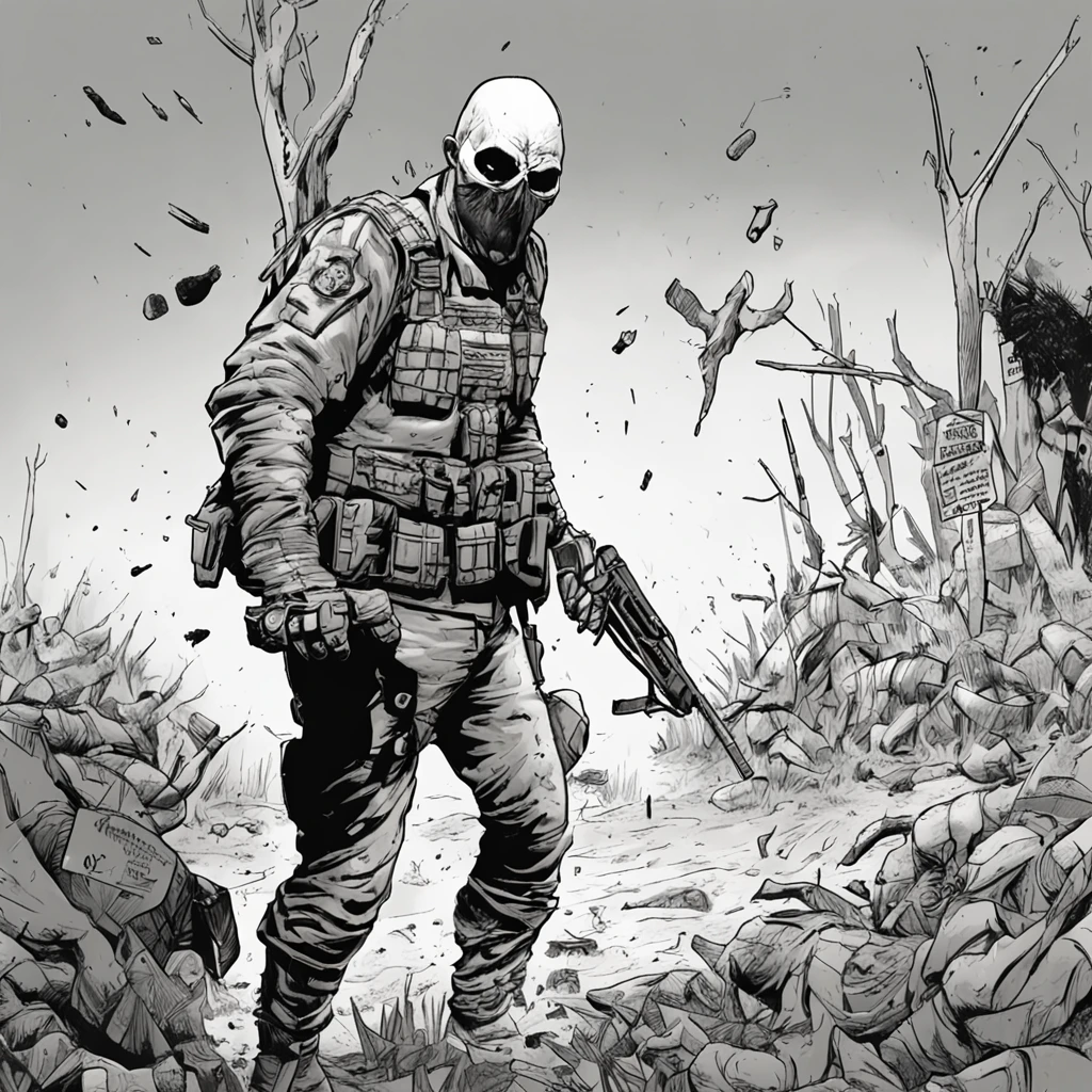 On the battlefield of gun smoke，Um Policial com o rosto de caveira sinistra, com um sorriso torcido，With two daggers in his hands，estilo ninja, Com um rifre de assalt fusil nas costas, Stepping on a psychopathic clown, Several dead clowns on the ground, Ataque nas sombras，Assassinos，assassinato，arte de splash do personagem，A arte do assassinato，Credo dos Assassinos. Make sure there is no noise and that the lines are thick and sharp like contour art, (((pose interagindo e se apoiando [em uma objeto|em algo no ambiente]))), foco em um quadro vertical da imagem."((full body):1.5). 16k, UHD, best possible quality, ((best possible detail):1), best possible resolution, Unreal Engine 5, professional photography,  perfect_hands, (perfeito:1.2)