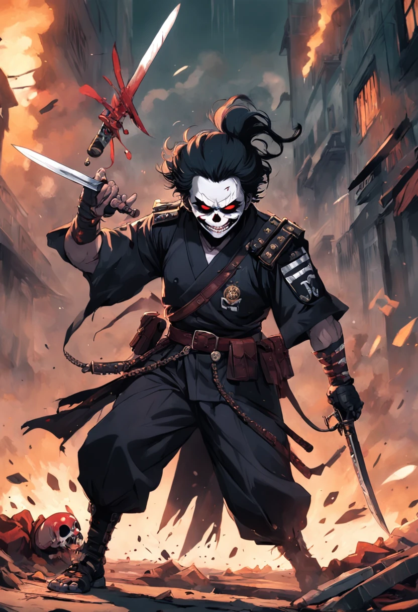 On the battlefield of gun smoke，Um Policial com o rosto de caveira sinistra, com um sorriso torcido，With two daggers in his hands，estilo ninja, Com um rifre de assalt fusil nas costas, Stepping on a psychopathic clown, Several dead clowns on the ground, Ataque nas sombras，Assassinos，assassinato，arte de splash do personagem，A arte do assassinato，Credo dos Assassinos. Make sure there is no noise and that the lines are thick and sharp like contour art, (((pose interagindo e se apoiando [em uma objeto|em algo no ambiente]))), foco em um quadro vertical da imagem."((full body):1.5). 16k, UHD, best possible quality, ((best possible detail):1), best possible resolution, Unreal Engine 5, professional photography,  perfect_hands, (perfeito:1.2)