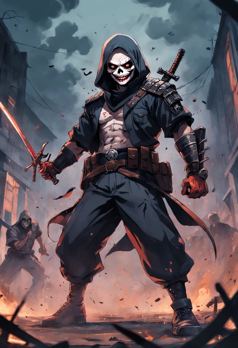 On the battlefield of gun smoke，Um Policial com o rosto de caveira sinistra, com um sorriso torcido，With two daggers in his hands，estilo ninja, Com um rifre de assalt fusil nas costas, Stepping on a psychopathic clown, Several dead clowns on the ground, Ataque nas sombras，Assassinos，assassinato，arte de splash do personagem，A arte do assassinato，Credo dos Assassinos. Make sure there is no noise and that the lines are thick and sharp like contour art, (((pose interagindo e se apoiando [em uma objeto|em algo no ambiente]))), foco em um quadro vertical da imagem."((full body):1.5). 16k, UHD, best possible quality, ((best possible detail):1), best possible resolution, Unreal Engine 5, professional photography,  perfect_hands, (perfeito:1.2)