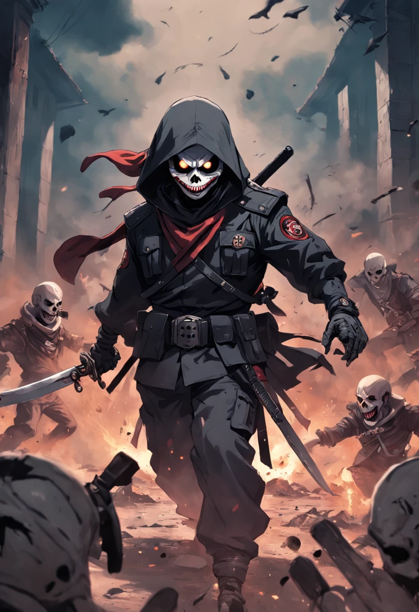 On the battlefield of gun smoke，Um Policial com o rosto de caveira sinistra, com um sorriso torcido，With two daggers in his hands，estilo ninja, Com um rifre de assalt fusil nas costas, Stepping on a psychopathic clown, Several dead clowns on the ground, Ataque nas sombras，Assassinos，assassinato，arte de splash do personagem，A arte do assassinato，Credo dos Assassinos. Make sure there is no noise and that the lines are thick and sharp like contour art, (((pose interagindo e se apoiando [em uma objeto|em algo no ambiente]))), foco em um quadro vertical da imagem."((full body):1.5). 16k, UHD, best possible quality, ((best possible detail):1), best possible resolution, Unreal Engine 5, professional photography,  perfect_hands, (perfeito:1.2)