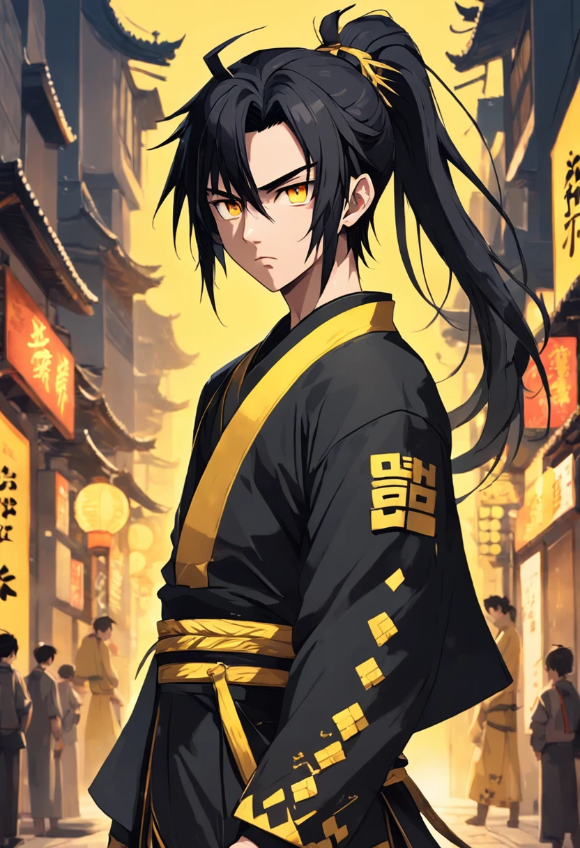(Masterpiece, top quality, best quality), face details,hair over the eye pixel, pixel art,1boy,rs. old full body, Samurai yellow, black mix outfits, pale skin young boy, yellow eyes, black hair, mid-size ponytail, calm face, male,