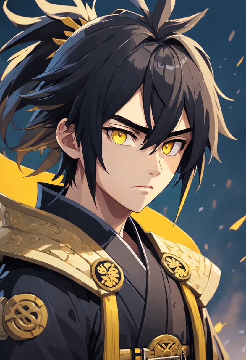 (Masterpiece, top quality, best quality), face details,hair over the eye pixel, pixel art,1boy,16 yrs. old full body, Samurai yellow, black mix outfits, pale skin young boy, yellow eyes, black hair, mid-size ponytail, calm face, male,