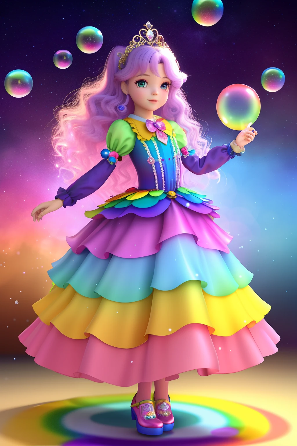 Menina meiga, gentil , Magical , Dress with the colors of the rainbow, produces magical soap bubbles, Center standing on the ground, Estilo Pixar, Estilo 3D, 8k, majo, cabelos rosa e roxo penteado com coques, olhos azuis, com uma linda tiara de flores, Estilo Disney.
