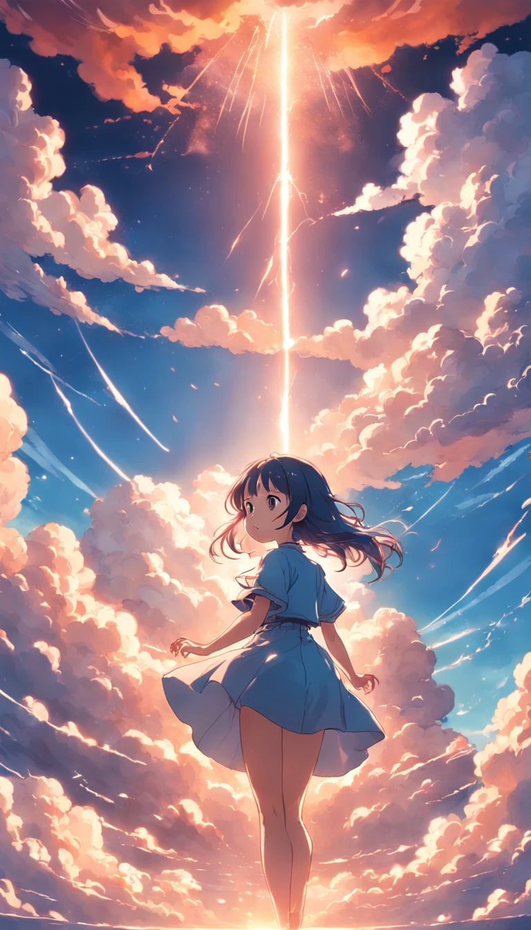 masterpiece, best quality, movie still, 1girl, cloud girl, floating in the sky, close-up, bright, happy, warm soft lighting, sunset, (sparks:0.7)