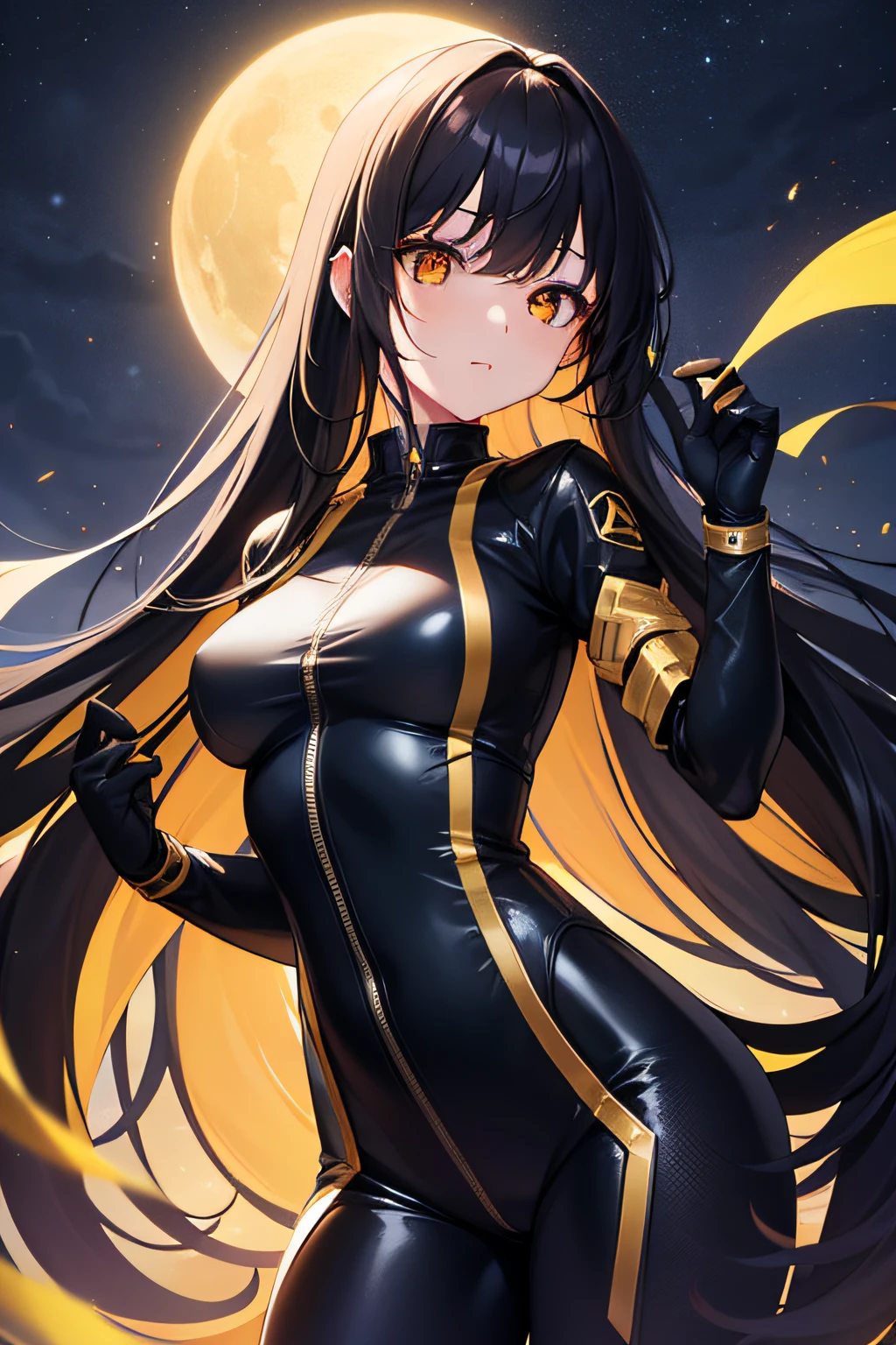 solo, 1girl, female, human, black hair, long hair, golden hair tips, golden eyes, night sky, full portrait, bodysuit