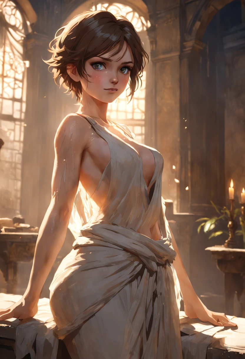 beautiful woman, very feminine, lara croft, looking at camera, relaxed pose, gental smile, short messy hair, lustrous clear skin, braless, cleavage, linen cloth shirt, victorian clothes, cell shaded, dynamic lighting, portrait, unreal engine, global illumination, detailed and intricate environment, intricate painting, HD, john william waterhouse, volumetric morning sunlight through window, back lit, perfect eyes, flowers, sharp focus, emitting diodes, smoke, artillery, sparks, racks, system unit, motherboard, by pascal blanche rutkowski repin artstation hyperrealism painting concept art of detailed character design matte painting, 4 k resolution blade runner