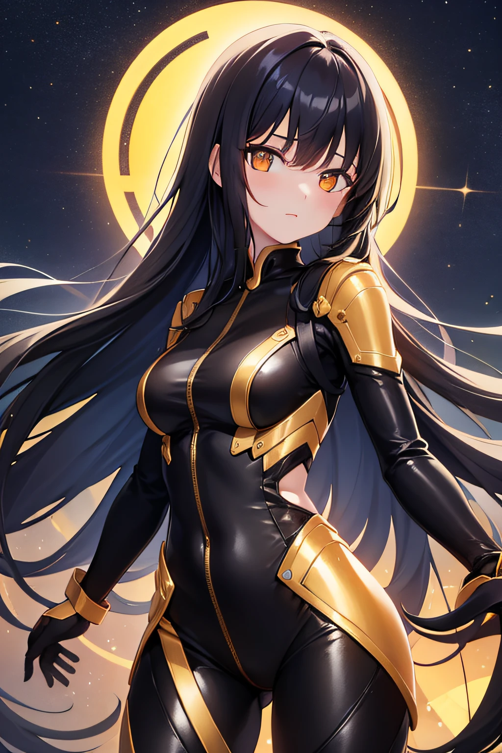 solo, 1girl, female, human, black hair, long hair, golden hair tips, golden eyes, night sky, full portrait, bodysuit