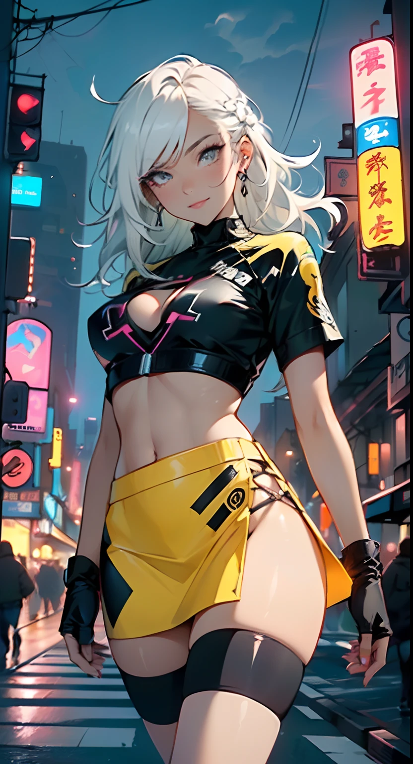 dark skin,very dark skin,dark_skin,
girl rave,(((1girl))),((anime girl with extremely cute and beautiful white hair walking seductively down the street)),

(large breasts:1.4),saggy breasts,(((white hair:1.35,straight hair,long hair:1.4,colored inner hair,ear breathing))),((very light yellow eyes:1.3,upturned eyes:1.3,perfect eyes,beautiful detailed eyes,gradient eyes:1,finely detailed beautiful eyes:1,symmetrical eyes:1,big highlight on eyes:1.2)),((fat)),((((black girl,black skin,dark-skinned_female,dark skin:1.3,ebony skin,lustrous skin:1.5,bright skin: 1.5,shiny skin,very shiny skin,shiny body,plastic glitter skin,exaggerated shiny skin,shiny skin like ebony))),(spider lower abdomen,narrow waist,wide hip,athletic body,inflated legs,delicate detailed fingers,detailed body,detailed arms,human hands,(detailed face)),glowing skin,shiny eyes with reflexion,splashing,ultra shiny hairs, neon hairs,hologram body

cute,slutty,seductive,erotic,(((nsfw))),

zettai ryouiki,revealing clothing,show skin,((rave shirt with an yellow print,rave mini-skirt,visible thong straps)),(wearing a rave outfit:1.3,rave clothes,semi-naked,with little clothing,),(detailed outfit,detailed clothes),glowing clothes,

(dynamic pose:1.0),solo focus,((mischievous smile)),centered,scale to fit dimensions,Rule of thirds,

outdoors,((night view)),(very pretty city neon synthwave,cyberpunk night street Background:1.5,dark sky,thick clouds),future vehicles,((neon lights)),thick clouds,(cyberpunk style,neon lights, (synthwave theme background), lonely street),(((detailed background:1.25))),

(best quality),(high resolution),(sharp focus),(ultra detailed),(extremely detailed),(extremely high quality artwork),8k_wallpaper,(extremely detailed CG 8k),(very fine 8K CG),((hyper super ultra detailed perfect piece)),flawless,(((masterpiece))),illustration,vibrant colors,(intricate),High contrast,Selective lighting,Double exposure,HDR (High Dynamic Range),Post-processing,Background blur,