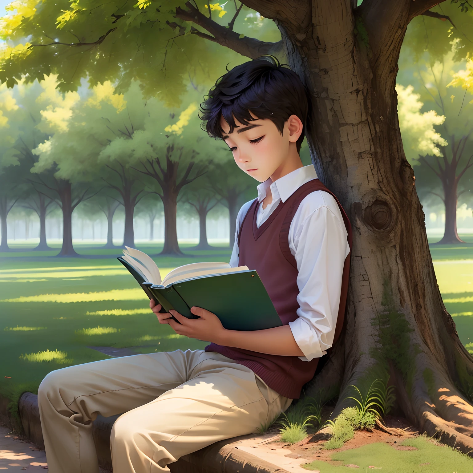 A boy reading a book  under tree