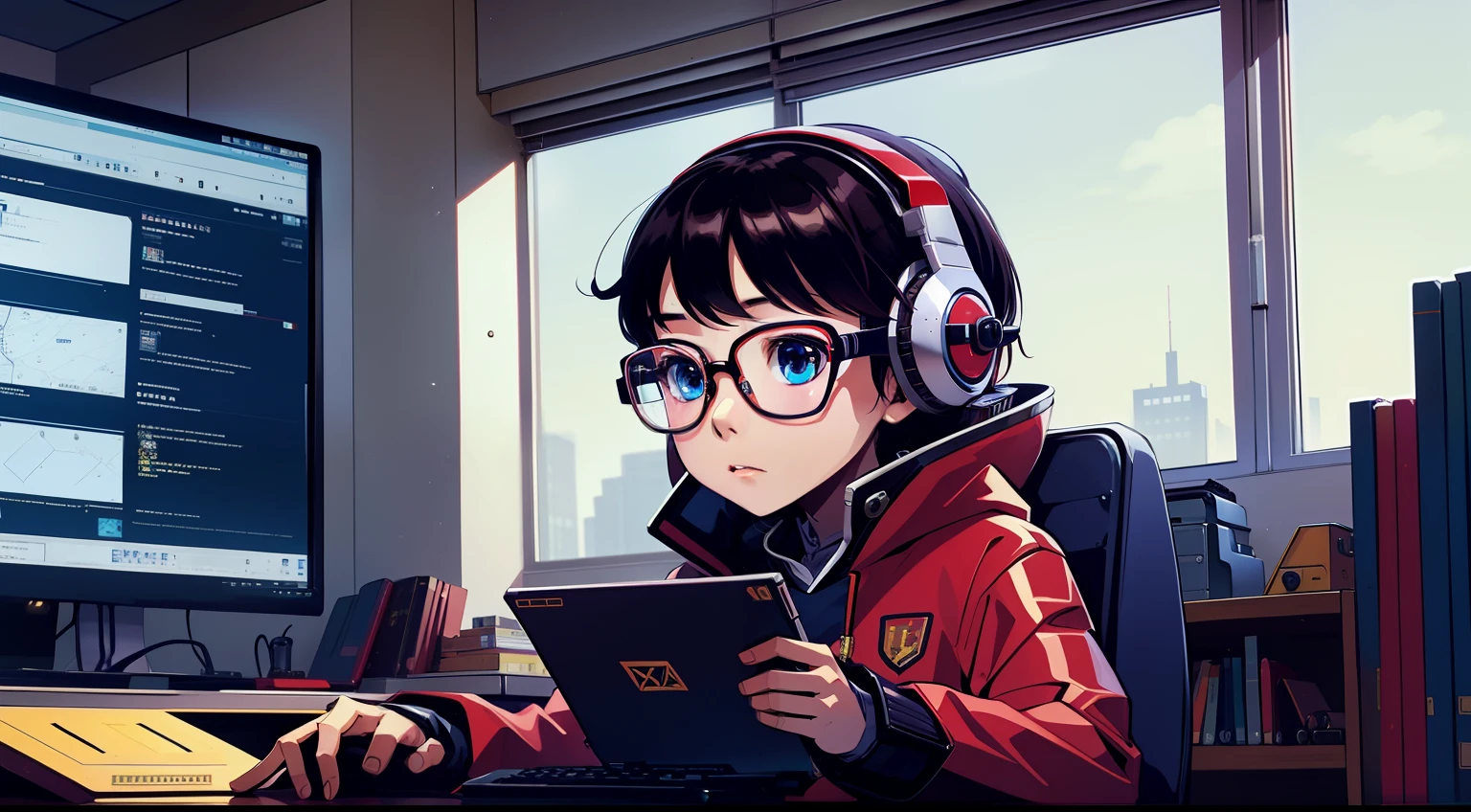 Robot wearing glasses。Glasses are shining。elementary student、Good at computers