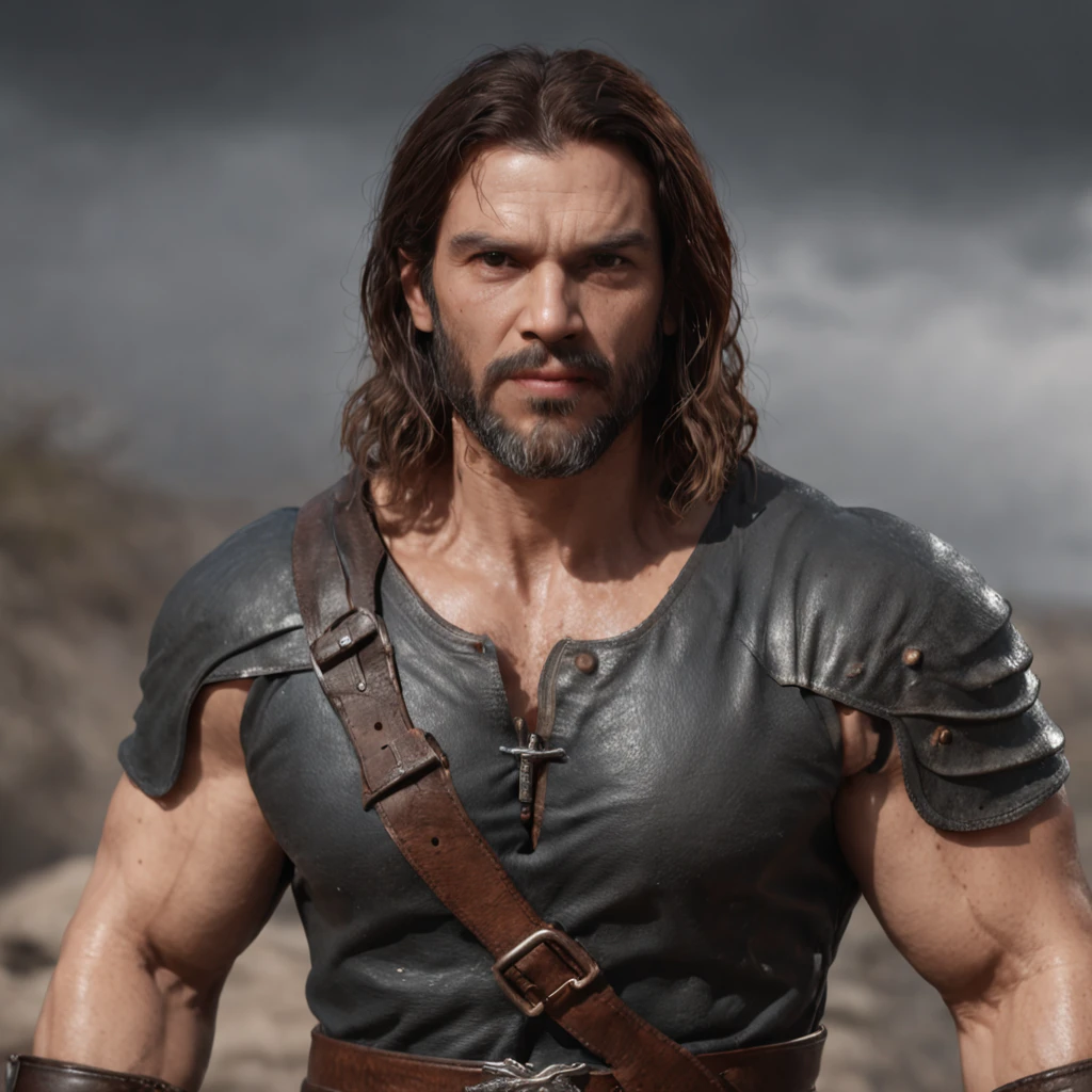 (Professional 3D rendering:1.3) de (Realistic:1.3) Foto de arte mais bonita do mundo，Features soft, bright male heroes, ((Epic hero fantasy rough muscular man wet hero angry look long hair short beard and fierce expression in dynamic pose, fantastic location, majestoso ambiente desordenado)), corpo inteiro 8k unidade render, action shot, poros da pele, very dark lighting, sombreamento pesado, circunstanciado, Rosto detalhado, (vibrante, fotogrdeia realista, Realistic, Dramatic, Escuro, foco nítido, 8k), (Old leather clothes damaged by bad weather:1.4), ((((Use peles)))), (intrincado:1.4), decadente, (altamente detalhado:1.4), pintura digital, rendering by octane, art stations, Conceito-Arte, liso, foco nítido, illustration, germe da arte, (Loish:0.23), Wlop Ilya Kuvshinov, e Greg Rutkowski e Alphonse Mucha Gracias, (global ilumination, studiolight, Light Volumetric), chuva forte, floating particles, patife, fantasia, Onze, corpo inteiroesbian, ((Fundo escuro e antigo da cidade:1.3)),CGSesociedade,art stations