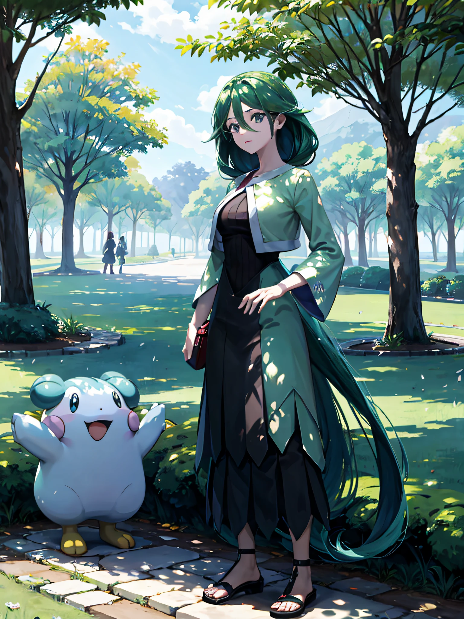 Estilo anime, ambiente de um parque, with pokémon, uma mulher ( personagem, )