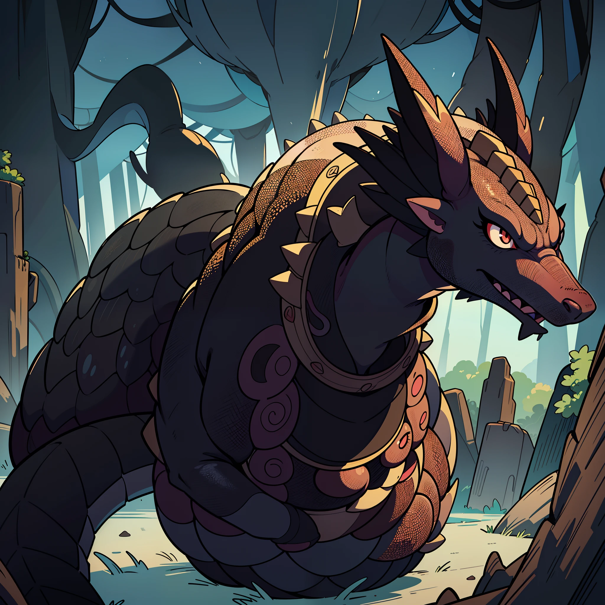 Meet Hades in his black creature form, with long scales, dark black body, red eyes, dragon-like, a dragon like Pangolins, Godzilla like Pangolins, bug like dragon, ((masterpiece)),(((best quality))), cartoonish, anime, the adorable and kawaii anti-hero! Hades is a lively character with a playful and charming personality. He has a round, plump body that gives her a cuddly appearance. His big, bright eyes are wide and expressive, filled with curiosity and mischief. They sparkle with joy and adventure, drawing you into his world. Overall, Hades’s embodies the essence of a cartoonish, Western-style kawaii character, with her round features, bright colors, and cute accessories. He brings a sense of joy, innocence, and playfulness to all those who encounter his in your project!