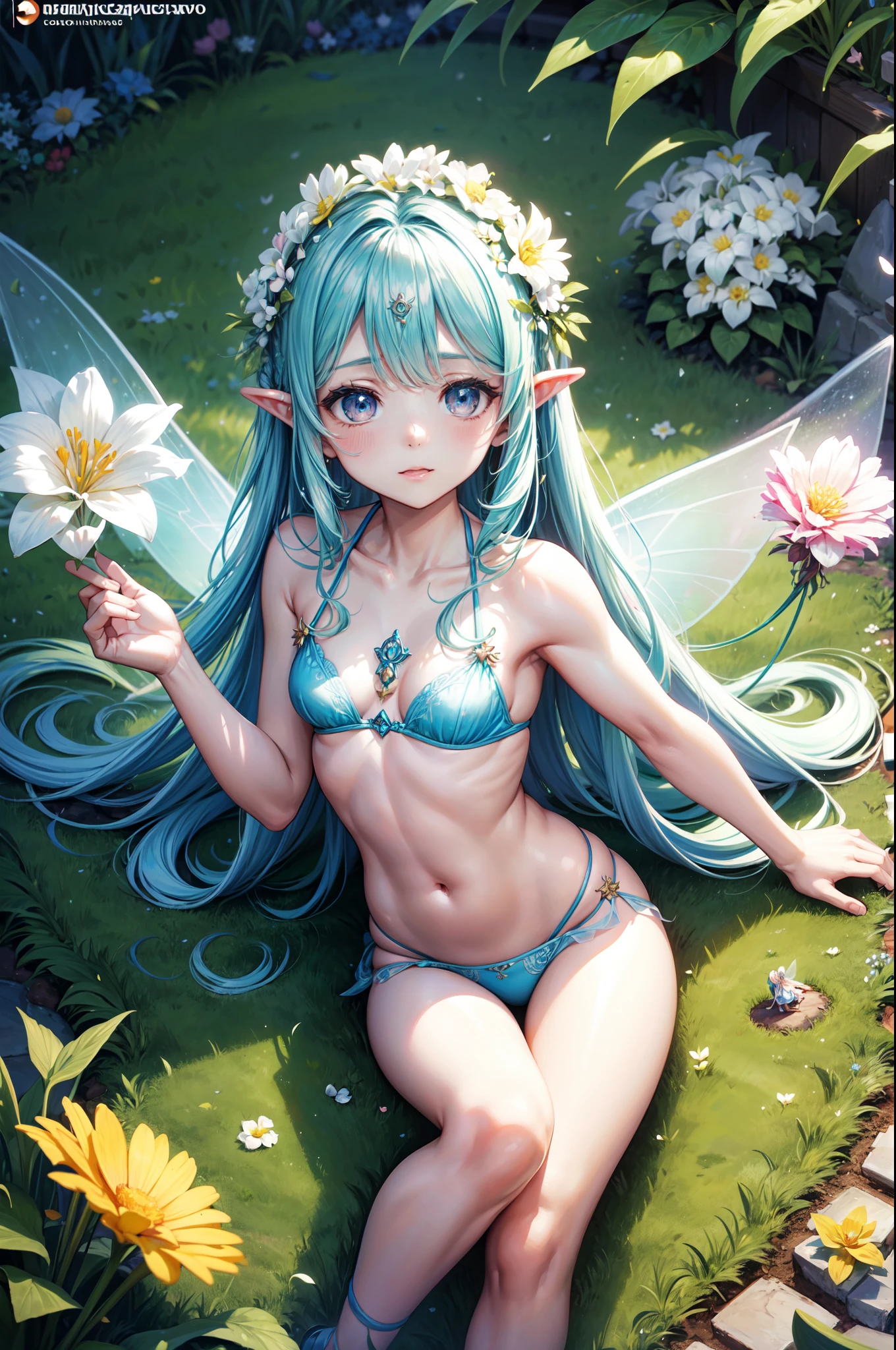 A goddess of love in her small garden, She is surrounded by beautiful flowers, Little angels and fairies accompany her. Su mirada revisa la dulzura, Se viste de forma luminosa y vaporosa. Su cuerpo es esbelto y espectacular. ((pechos grandes)) (Cuerpo fitness)