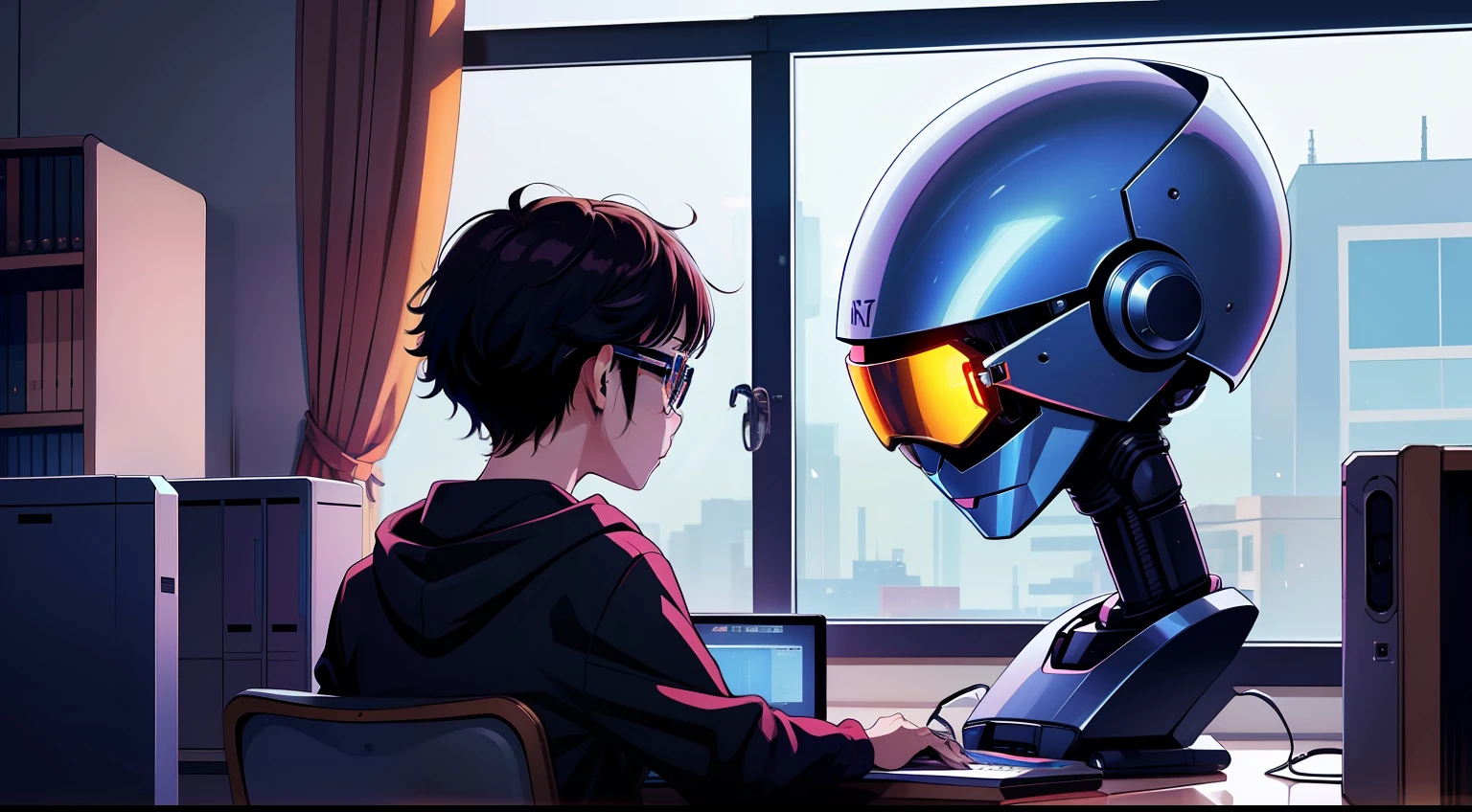Robot wearing glasses。Glasses are shining。、Good at computers、Rear view
