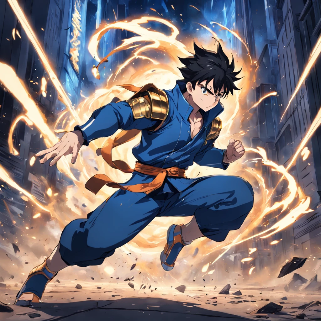 An anime-style action scene, apresentando um homem com cabelos brancos e olhos azuis intensos. He's in a dynamic fighting position, his legs propelling him forward in a swift advance. The power of his movement is so overwhelming that everything behind him is destroyed, creating a trail of debris and turbulence. Your aura is a mixture of electrical energy and wind, ressaltando seu poder sobre-humano. The setting is an urban landscape, with buildings and debris flying everywhere, evoking an epic battle that defies gravity, Arte estilo anime, dynamic strokes,
