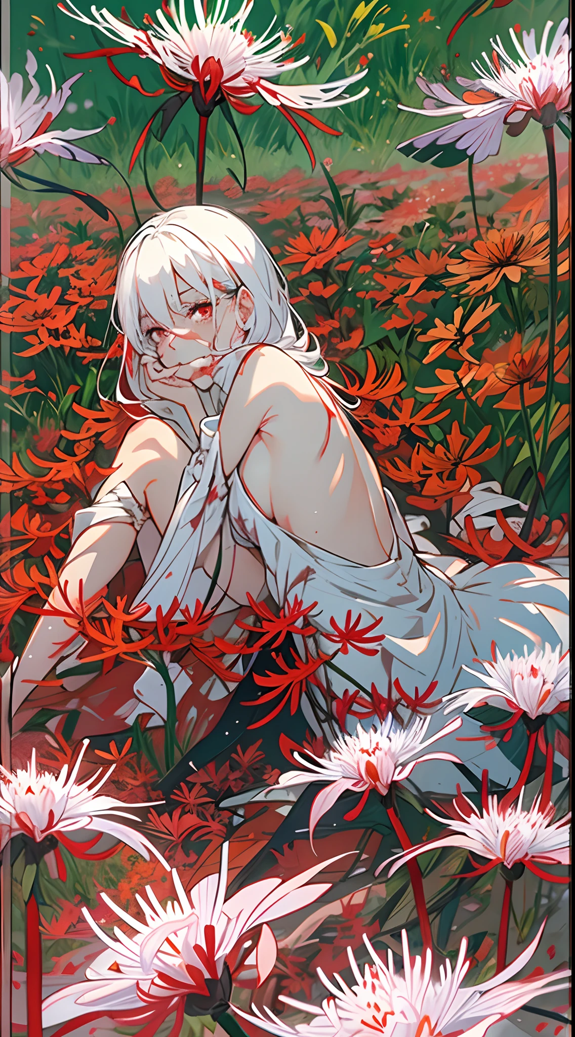 a beautiful lady, red eyes, straight hair, white hair, backless dress, lying in a field of red spider lilies, from above, looking at viewer, crying, looking devastated, blood stained clothes, red spider lilies, (mature face:1.4)