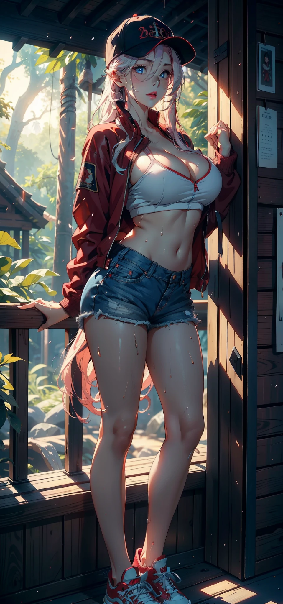 1female，35yo，熟妇，gigantic cleavage breasts，Big breasts Thin waist，long leges，Pornographic exposure， 独奏，（Background with：ln the forest，the rainforest，in summer） She has long pink hair，standing on your feet，Sweat profusely，drenched all over the body，seen from the front， hair straight， mostly cloudy sky，（（（tmasterpiece），（Very detailed CG unity 8K wallpaper），best qualtiy，cinmatic lighting，detailed back ground，beatiful detailed eyes，Bright pupils，blue color eyes，Redlip（Very fine and beautiful），（Beautiful and detailed eye description），ultra - detailed，tmasterpiece，）），facing at camera，（Full body photo），Show shoes，A high resolution，ultra - detailed），revealing breasts，Bare genitalia， Lower body elevation，Raised sexy，Camel toes，Flushed complexion，Open-mouthed，frontage，baseball cap（Wearing：Red baseball jacket，Erotic denim shorts，athletic sneakers），full bodyesbian