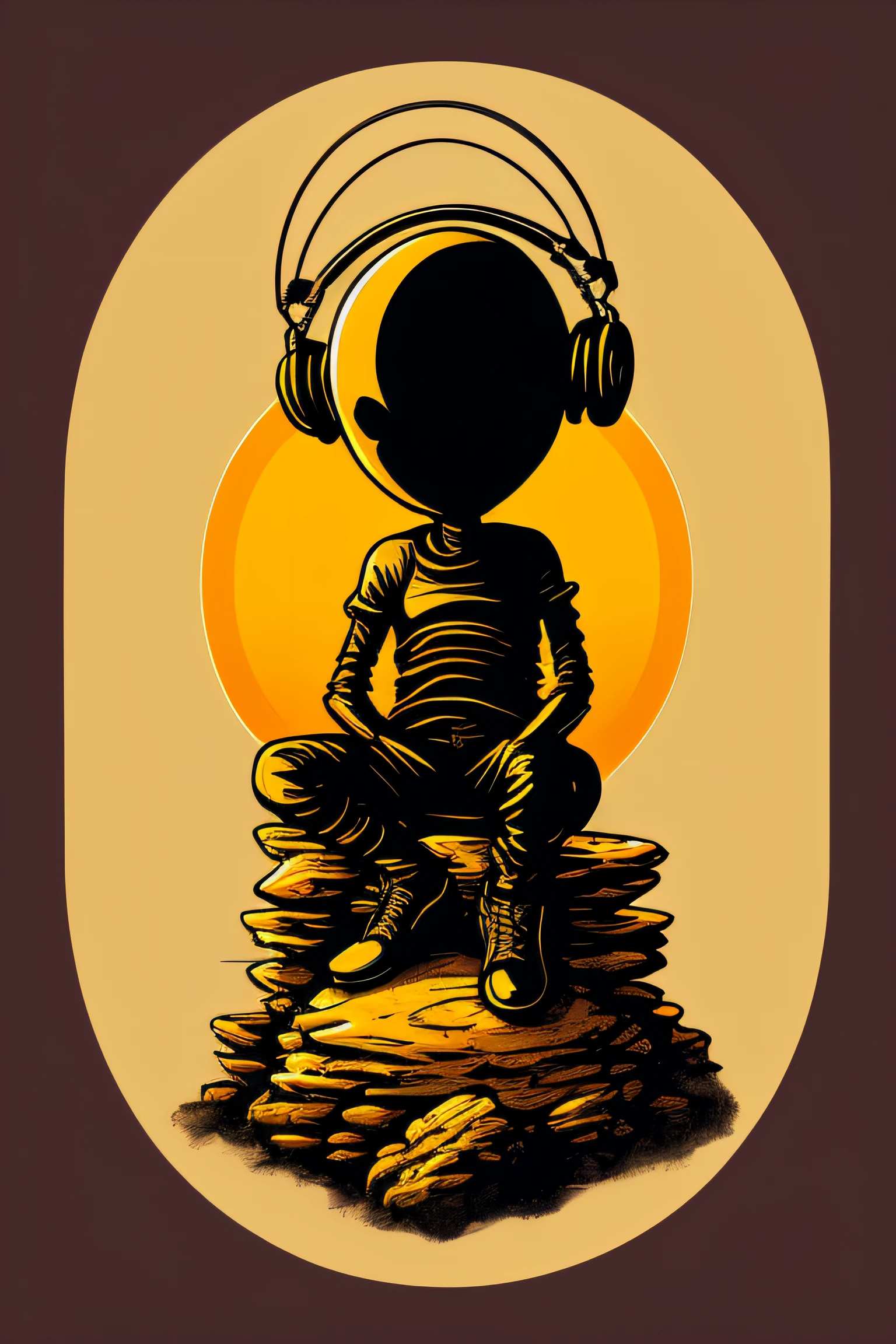 An alien sitting on a rock in a relaxed position, with a headset, in a circle, with white background and art vector style, in a vibrant and characteristic sunset, with detailed and sharp outline, as a t-shirt logo in the style of art