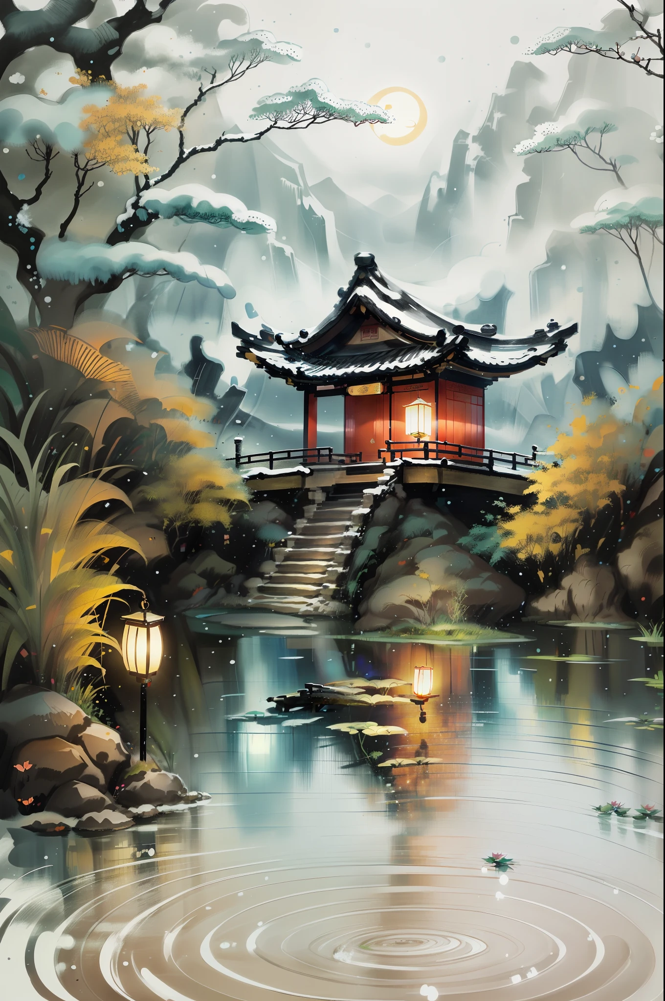 masterpiece,best quality,Chinese martial arts style,an snowing asian night scene with lanterns and water lilies,asian pond with many lanterns and boatsa night scene with many lights and boats in the water, snowflakes ,Lake surface, lotus flowers,beautiful night scene,(((Chinese martial arts style))), with vast sky, continuous mountains and steep cliffs, ink wash style, outline light, atmospheric atmosphere, depth of field, mist rising, bamboo, pine trees, octagonal stone pavilion, waterfall flowing water,big full moon,(No color) , Monochrome, light color,