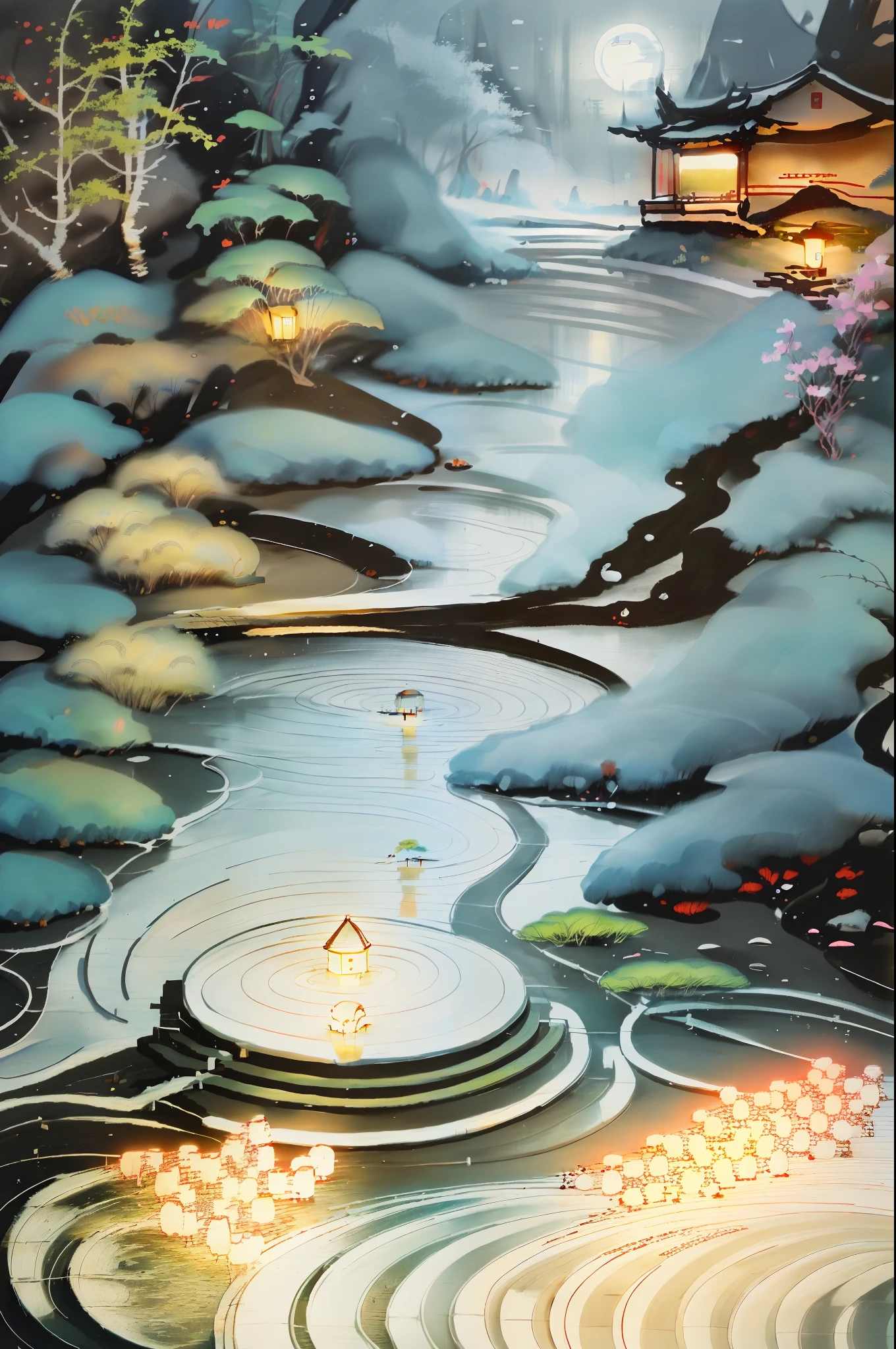 masterpiece,best quality,Chinese martial arts style,an snowing asian night scene with lanterns and water lilies,asian pond with many lanterns and boatsa night scene with many lights and boats in the water, snowflakes ,Lake surface, lotus flowers,beautiful night scene,(((Chinese martial arts style))), with vast sky, continuous mountains and steep cliffs, ink wash style, outline light, atmospheric atmosphere, depth of field, mist rising, bamboo, pine trees, octagonal stone pavilion, waterfall flowing water,big full moon,(No color) , Monochrome, light color,