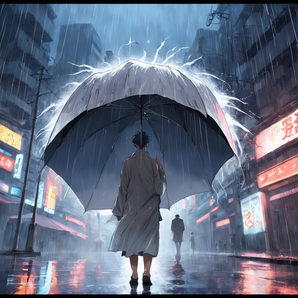 homem forte, cabelo branco, voando com uma roupa rasgada sobre uma forte chuva,onde o mesmo consegue controlar os raios com sua mente.