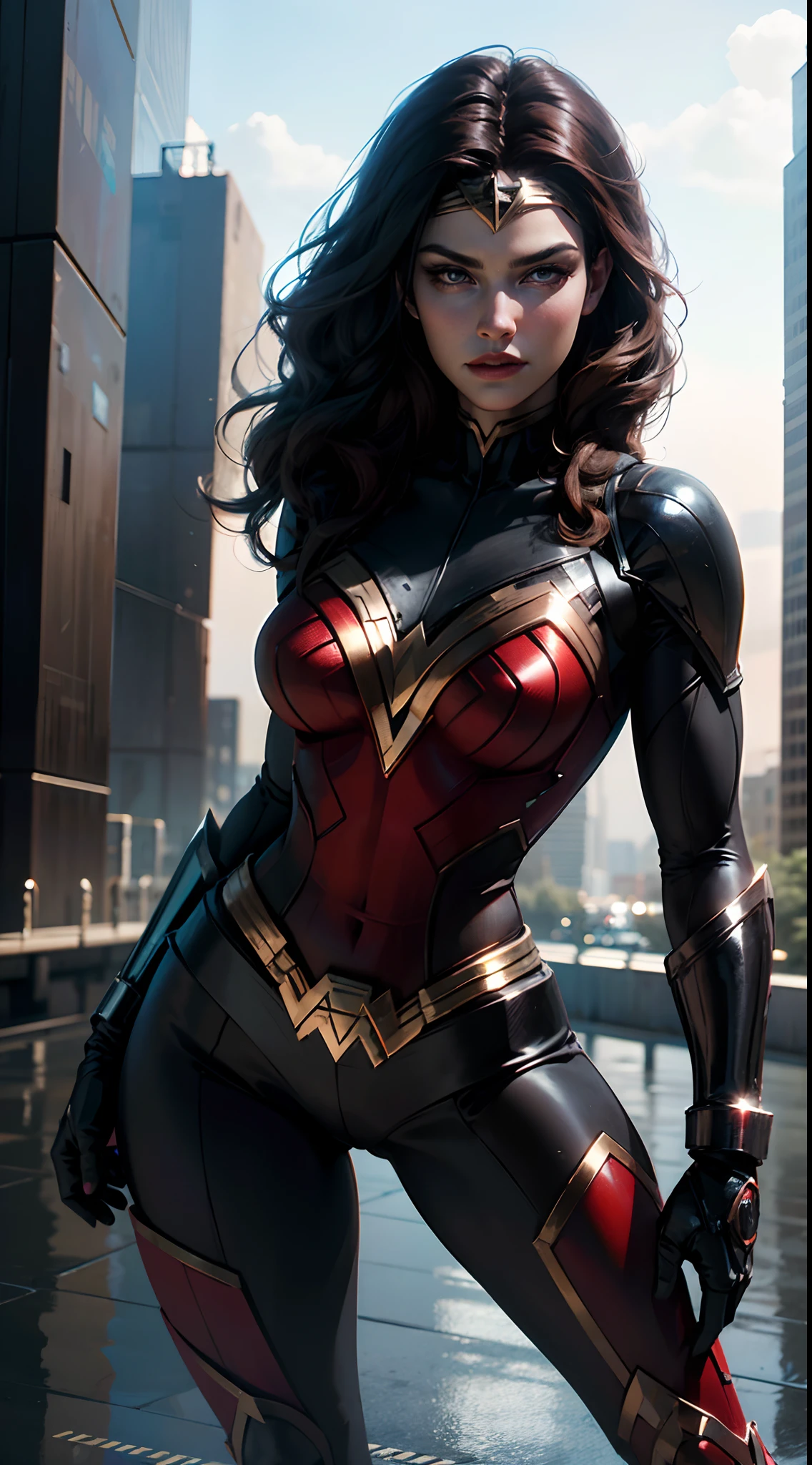 A fusion of Wonder Woman and Black Widow breathtaking extremely hyper-realistic high-definition with SDXL enhancement,combining their costumes, their powers and their characteristics,high definition costume,High Definition Hair and Eyes,Highly hyper-detailed in the city in a dynamic action 3D pose,shorts,Detalhes exuberantes,Professional processing in Ultra 8K in Extremely Absolute Hyper-realistic in HDR in Concept Art Hyper-realistic in High Quality in Octane Render in hyper Resolution 3D