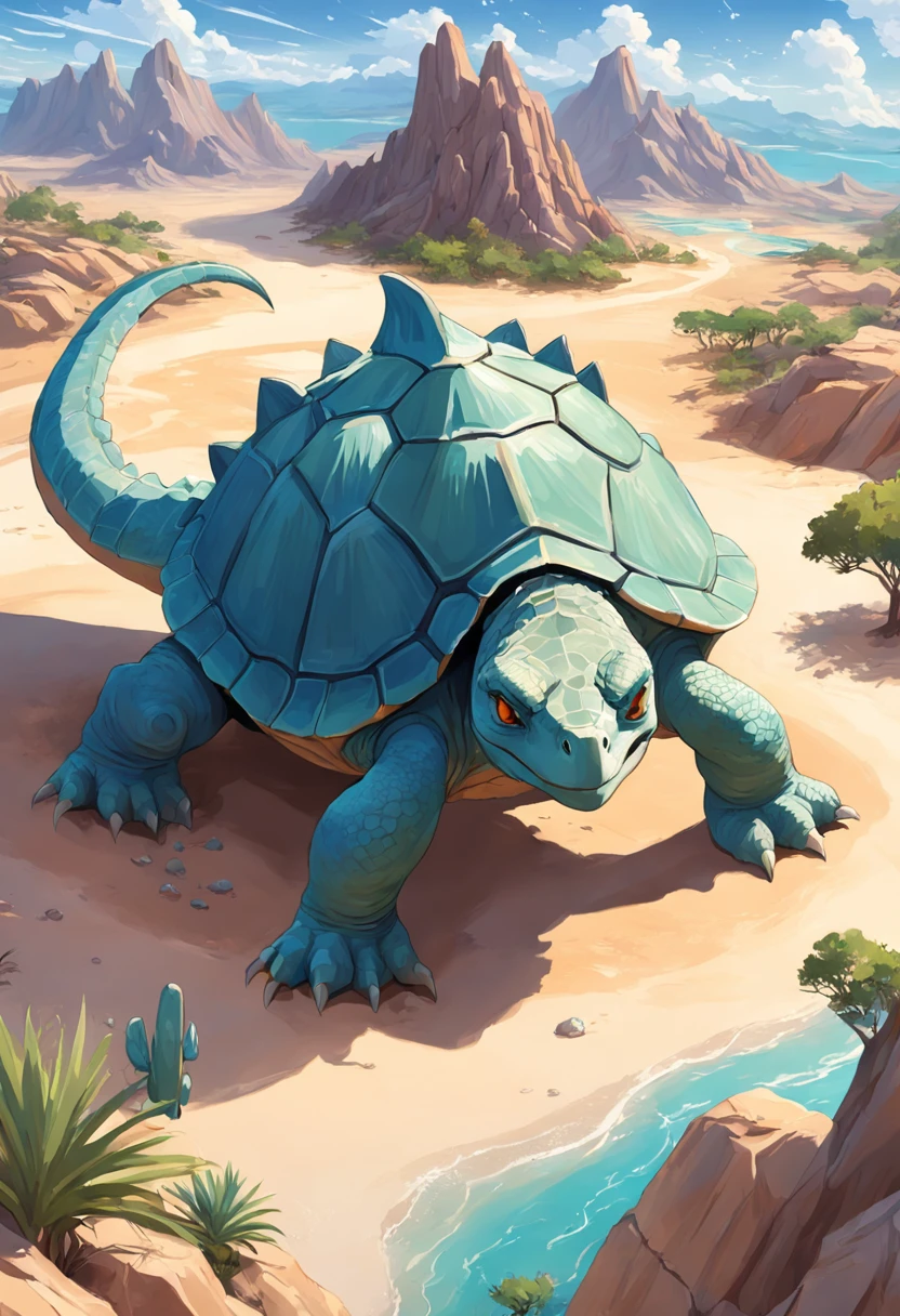 There is a dinosaur turtle that is in the middle of a desert, detailed fantasy illustration, detailed 2d illustration, isometric island in the sky, arte de fantasia digital 2d detalhada, baixo detalhamento. pintura digital, arte conceitual digital detalhada, Ilha de Cristal do Deserto da Fantasia, isometric 3d fantasy turtle, arte lowpoly cor super detalhada, pintura digital altamente detalhada