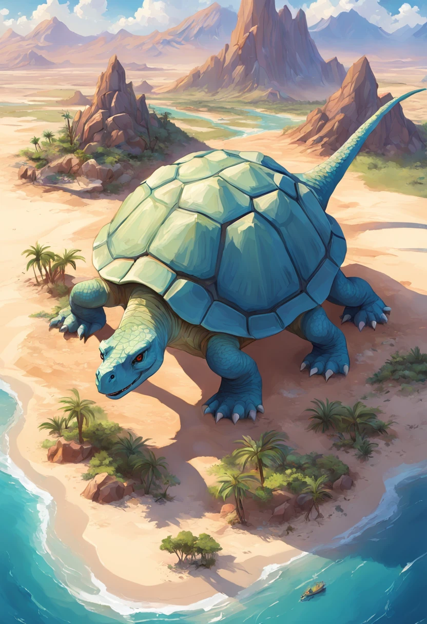 There is a dinosaur turtle that is in the middle of a desert, detailed fantasy illustration, detailed 2d illustration, isometric island in the sky, arte de fantasia digital 2d detalhada, baixo detalhamento. pintura digital, arte conceitual digital detalhada, Ilha de Cristal do Deserto da Fantasia, isometric 3d fantasy turtle, arte lowpoly cor super detalhada, pintura digital altamente detalhada