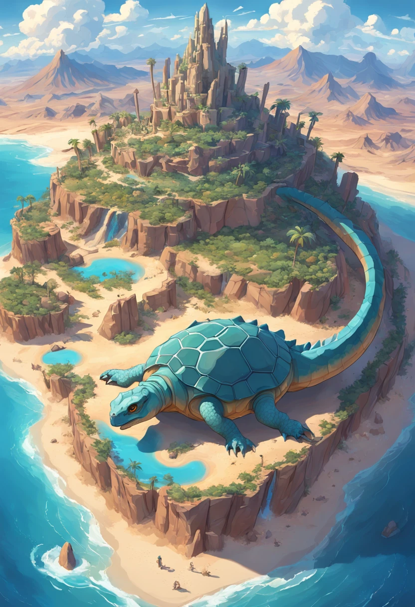 There is a dinosaur turtle that is in the middle of a desert, detailed fantasy illustration, detailed 2d illustration, isometric island in the sky, arte de fantasia digital 2d detalhada, baixo detalhamento. pintura digital, arte conceitual digital detalhada, Ilha de Cristal do Deserto da Fantasia, isometric 3d fantasy turtle, arte lowpoly cor super detalhada, pintura digital altamente detalhada