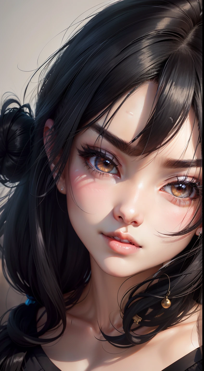 black hair, hair bobbles, wince, longeyelashes, solid circle eyes, ear blush, fang, drop shadow, stereogram, tachi-e, pov, 8k, ccurate, best quality, high details, award winning