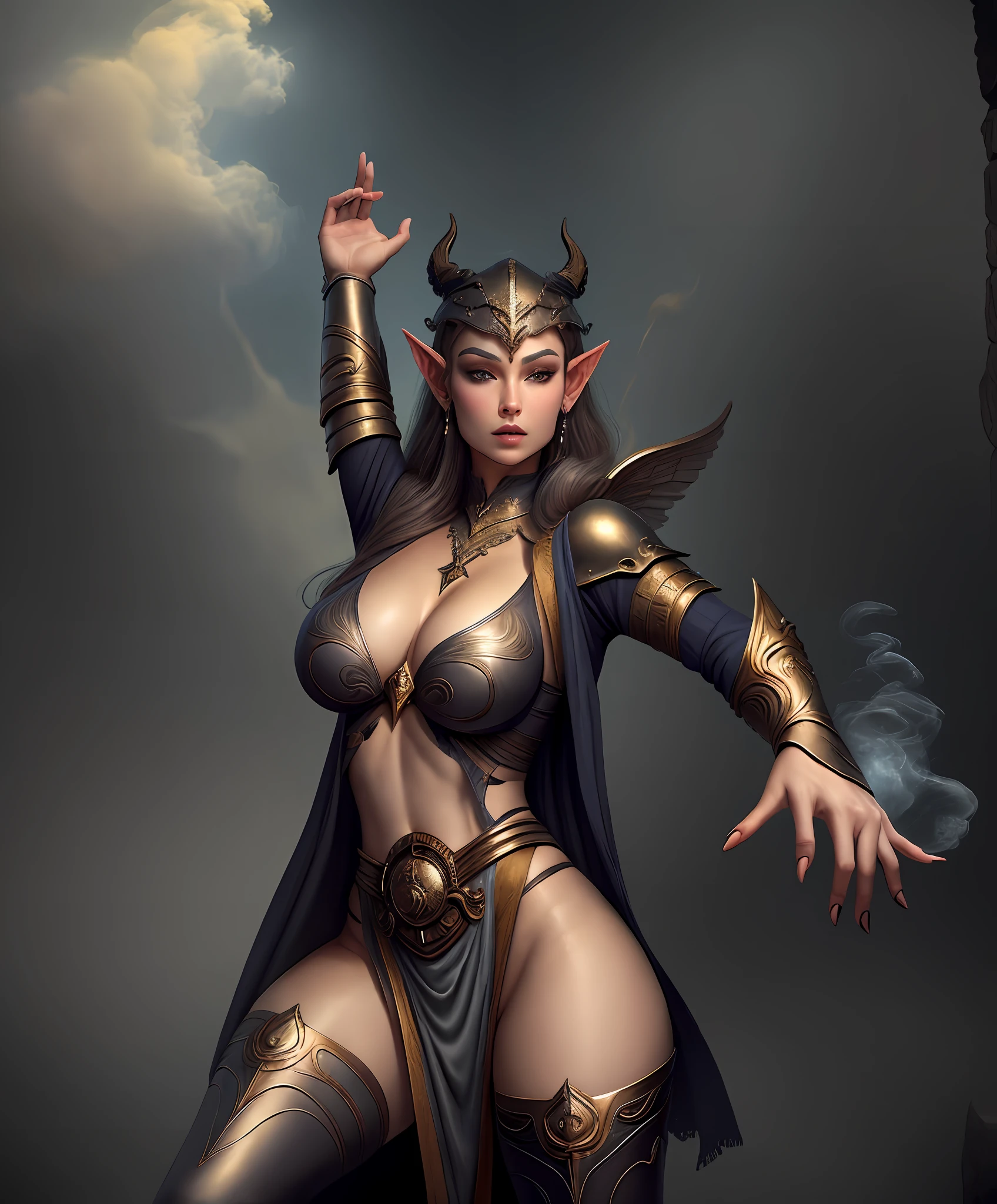 Replicate this image and make it very realistic, A beautiful woman in the same position , Mystical smoke in the hands, roupas  com detalhes dourados, Elven helmet