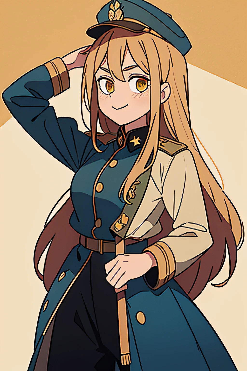 (masterpiece, best quality: 1.2), Only, 1girl, potency , Looking at Viewer, different poses, golden eyes, long hair, completely blonde hair, reference to a World War II German general's costume;, long sleeves black (best quality), scar on face, Beautiful eyes, has only 2 arms, has war medals on his clothes, Black Military Cap, Gold Eagle Medal on Clothing, (wallpaper), (HD 8K), (HD 8K ), Gold Shoulder Pads, Sprites, 1 Individual Design (masterpiece, best quality: 1.2), Only, 1 girl, power \(chainsaw man\), Looking at Viewer, smiling, Happy, different poses , golden eyes , long hair, completely blonde hair, reference to a WWII German general's outfit,