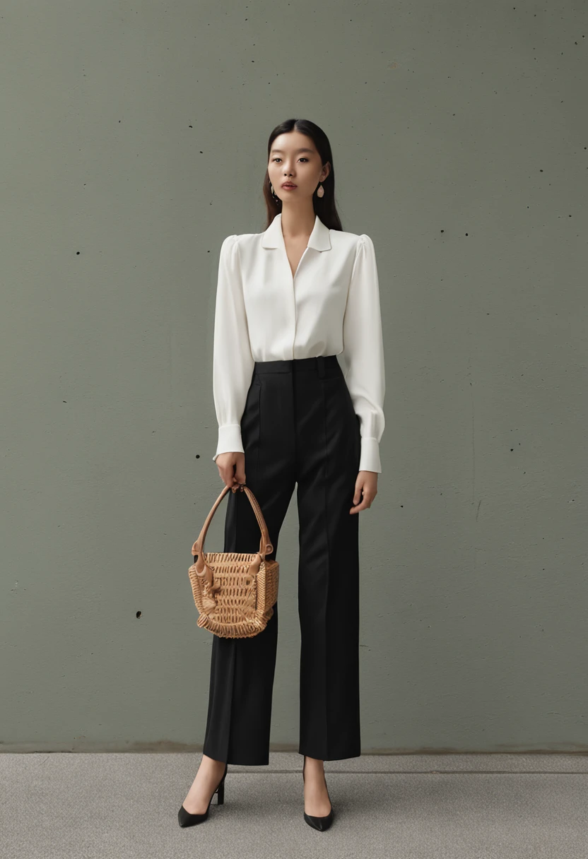 There was a woman in a black and white dress holding a green apple, elegant slim beige shirt, ( ivory black ), White and black clothing, cream colored blouse, smooth white tight clothes suit, wearing elegant outfits, wearing shirt, white trendy clothes, korean women's fashion model, Official product image, Puff sleeves, With black, with white, Elegant style
