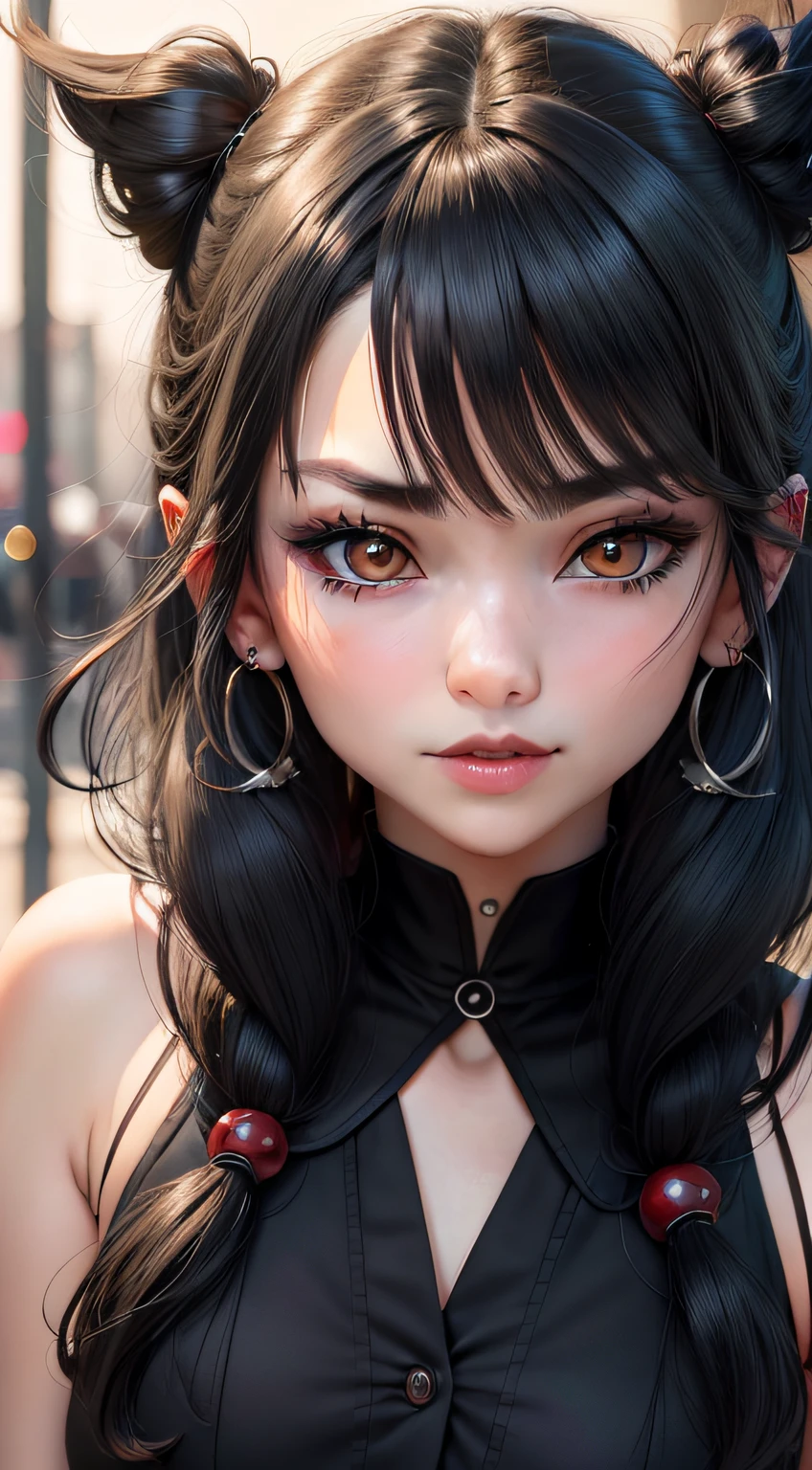 black hair, hair bobbles, wince, longeyelashes, solid circle eyes, ear blush, fang, drop shadow, stereogram, tachi-e, pov, 8k, ccurate, best quality, high details, award winning