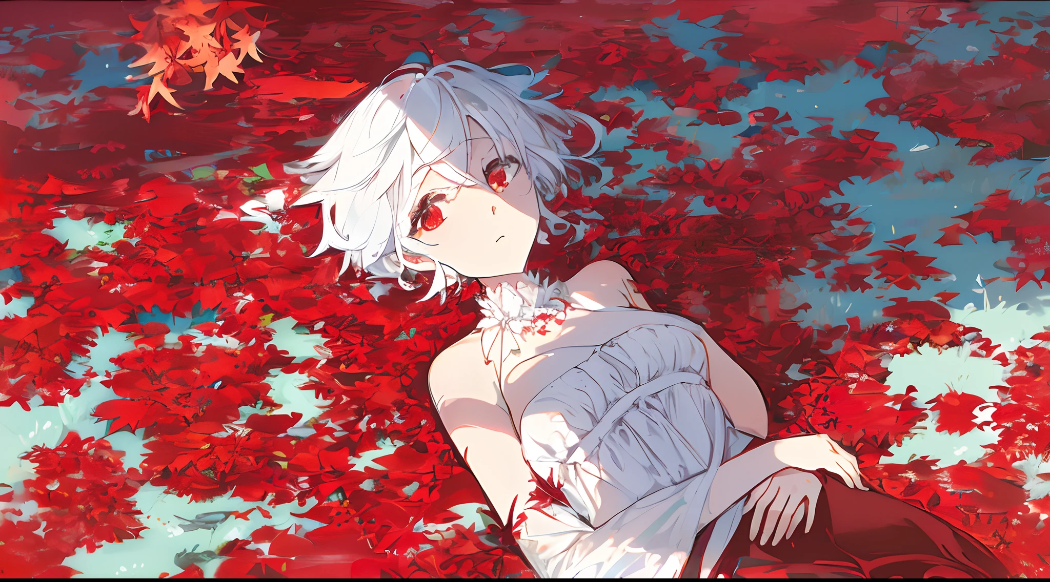 a beautiful lady, red eyes, straight hair, white hair, backless dress, lying in a field of red spider lilies, from above, looking at viewer, red spider lilies