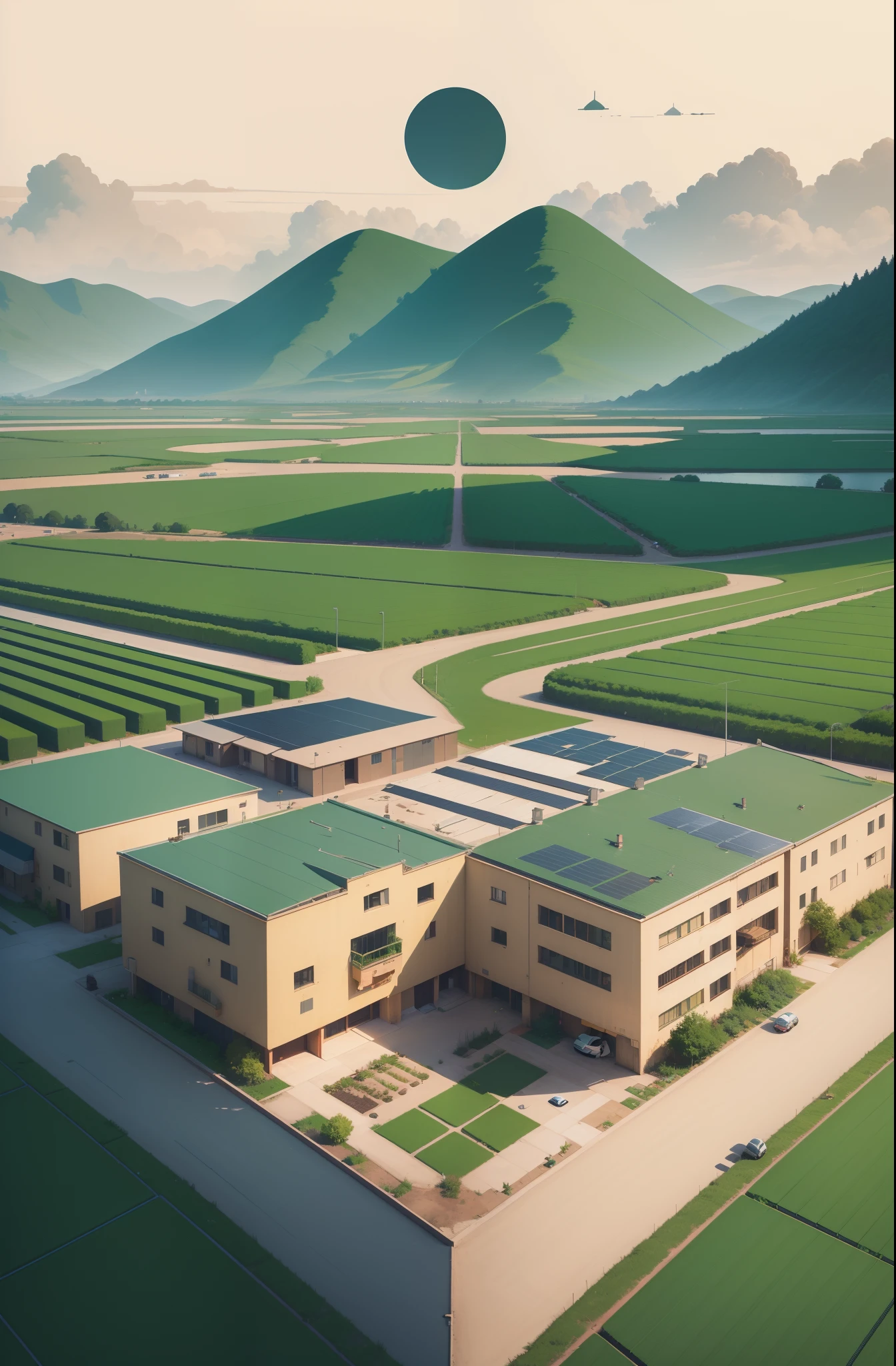 solarpunk, (lot of solar panels), solar panels on the roofs, top quality, farm, garden, lake, best quality, High-quality illustrations, masterpiece, mother2 map, town, load, car, pixel art, dots, Quarter View, Isometric View, vector graphics, flat color, pop art, pattern, city background, full body, pose, lofi color, (hyper lofi), (masterpiece, best quality: 1.5)