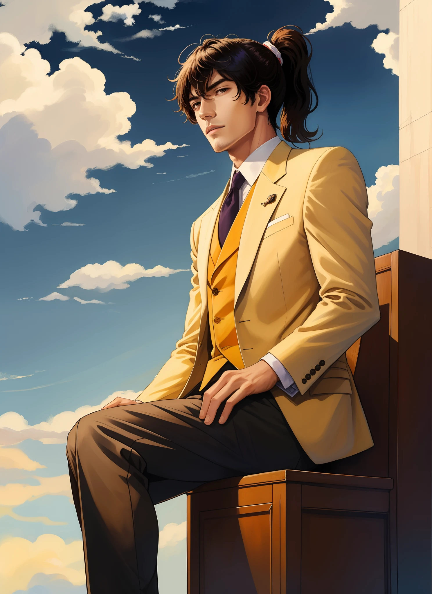 Sitting on the throne,paramount,Lazy,Handsome,younge boy,Brown ponytail,Pants,sky,Clouds,Business suit,Genshin