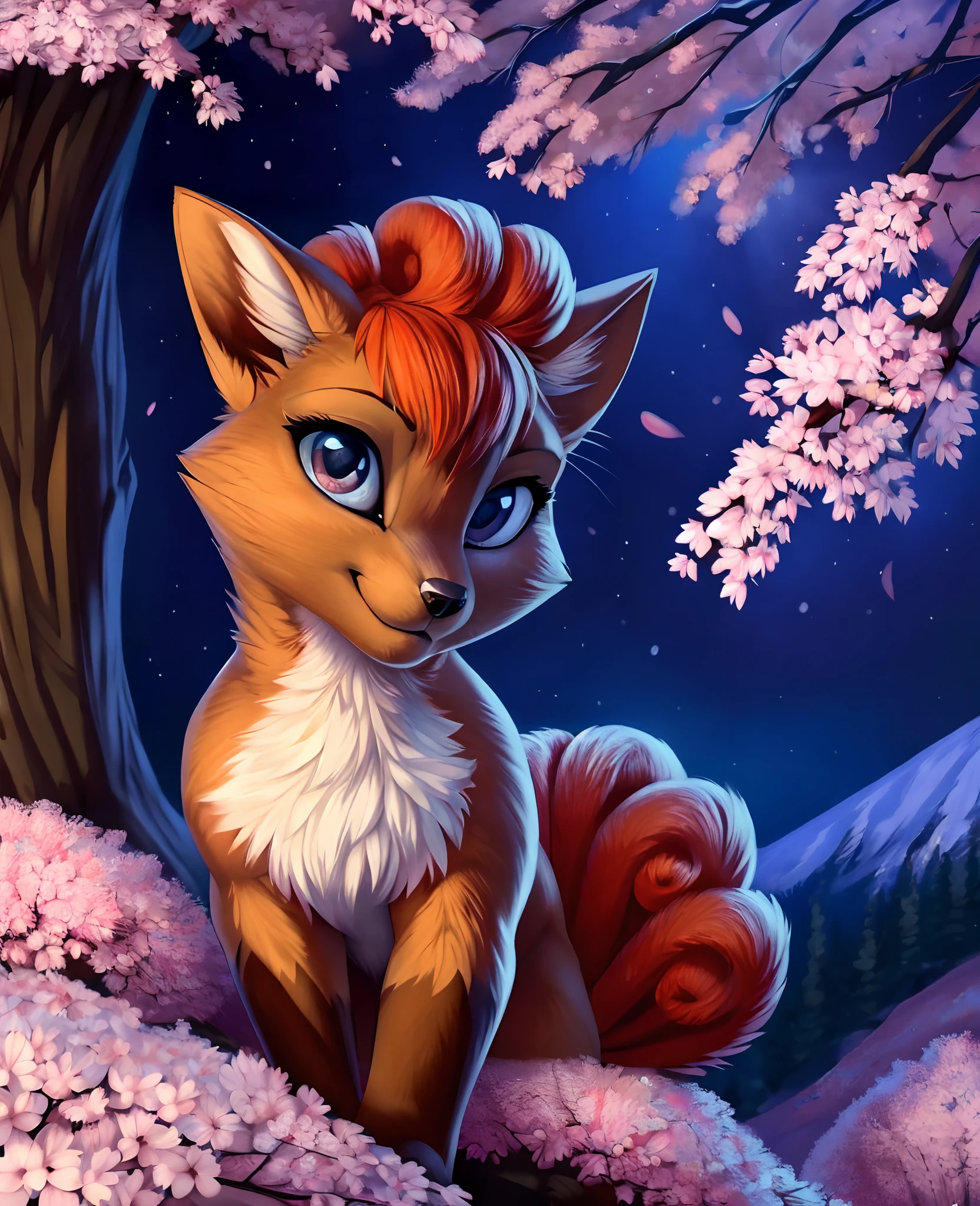 ((solo)), vulpix, feral, female, looking at viewer cherry blossom, night, [best quality, shaded, extreme detail, highly detailed, ultradetailed, intricate, realistic], detailed background, by Enki Bilal, by wolfy-nail, by Michael & Inessa Garmash, Ruan Jia, by drmax, happy