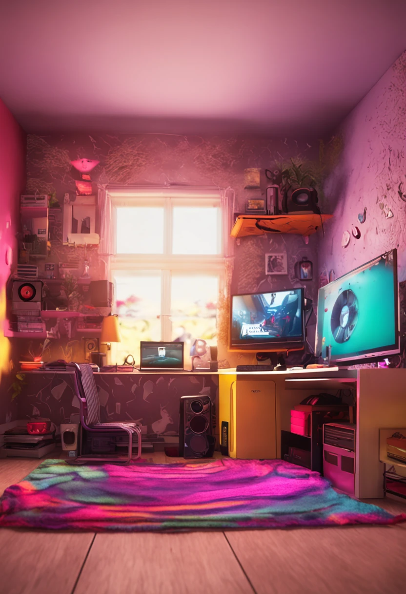 uma imagem ultra realista de uma quarto gamer colorido com computador e as palavras LIVE STREAM com a foto