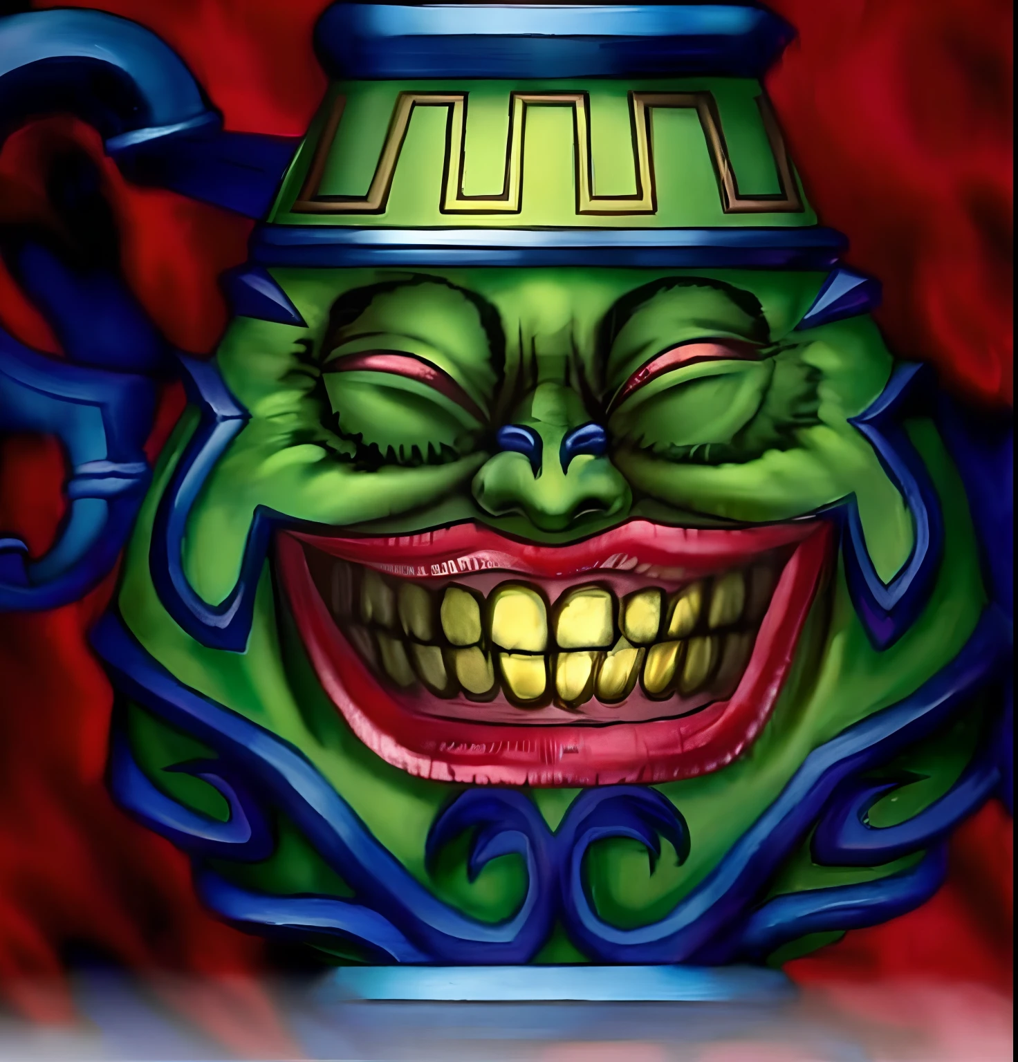 a close up of a cartoon character with a big smile, psychedelic laughing demon, Chris Dale, mad grin, evil grin smile, evil grin smile, Chicano airbrush art, wide evil grin, Big evil smile, Evil villain smile, Evil crazy smile, psytrance artwork, air brush art, Wicked smile, fujin, detailed airbrush art