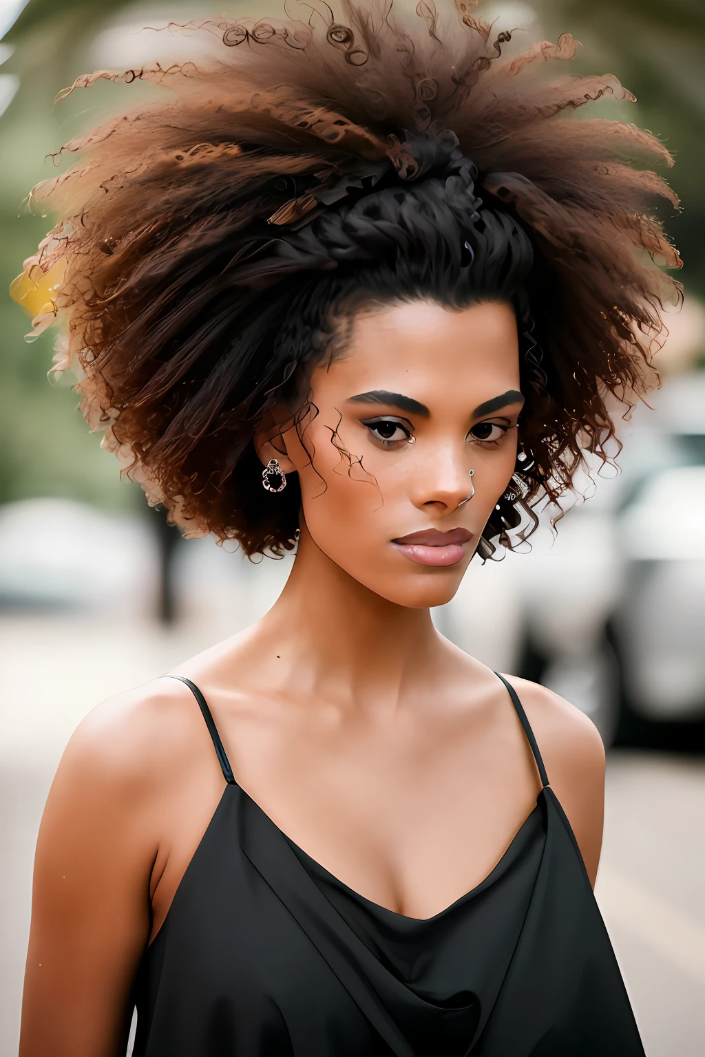 portrait photo of TinaKunakey, huge afro, beautiful woman hair updo upsweep photoshoot in California (masterpiece) (best quality) (detailed) (8k) (HDR) (wallpaper) (cinematic lighting) (sharp focus) (intricate)