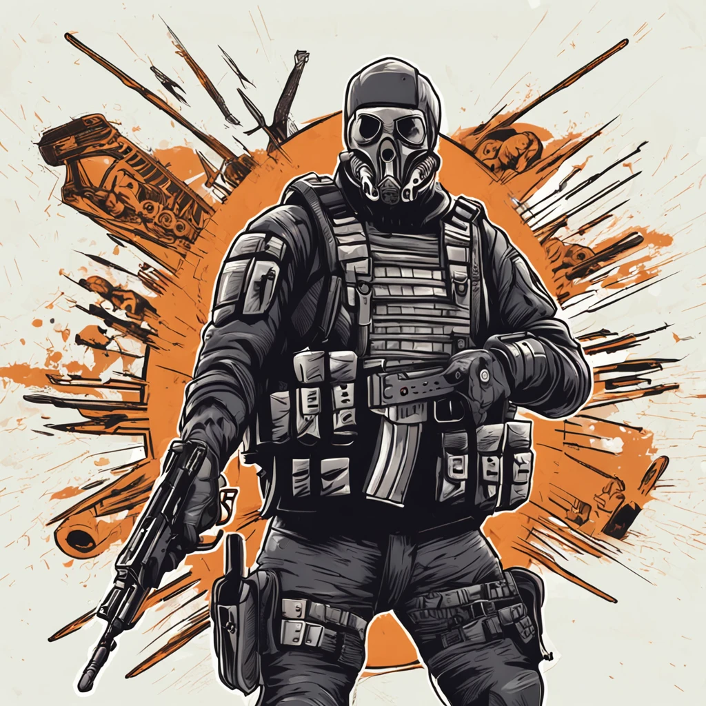 Um Policial com o rosto super detalhado de caveira sinistra, com os olhos super detalhados e sinistros, com um sorriso super detalhado e sinistro，With two daggers in his hands，Special Forces style, estilo assassino,  Com um rifre de assalt fusil nas costas, facing a super detailed penitentiary and catching fire, sinister and burning penitentiary, Penitentiary door similar to Hell's Gate, arte de splash do personagem，A arte do assassinato，Credo dos Assassinos. Make sure there is no noise and that the lines are thick and sharp like contour art, (((pose interagindo e se apoiando [em uma objeto|em algo no ambiente]))), foco em um quadro vertical da imagem."((full body):1.5). 16k, UHD, best possible quality, ((best possible detail):1), best possible resolution, Unreal Engine 5, professional photography, perfect_hands, (perfeito:1.2)