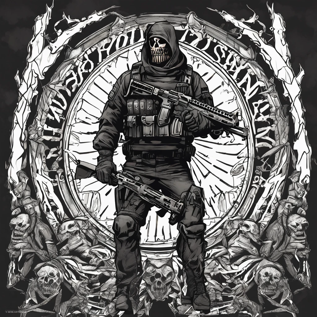 Um Policial com o rosto super detalhado de caveira sinistra, com os olhos super detalhados e sinistros, com um sorriso super detalhado e sinistro，With two daggers in his hands，Special Forces style, estilo assassino,  Com um rifre de assalt fusil nas costas, facing a super detailed penitentiary and catching fire, sinister and burning penitentiary, Penitentiary door similar to Hell's Gate, arte de splash do personagem，A arte do assassinato，Credo dos Assassinos. Make sure there is no noise and that the lines are thick and sharp like contour art, (((pose interagindo e se apoiando [em uma objeto|em algo no ambiente]))), foco em um quadro vertical da imagem."((full body):1.5). 16k, UHD, best possible quality, ((best possible detail):1), best possible resolution, Unreal Engine 5, professional photography, perfect_hands, (perfeito:1.2)